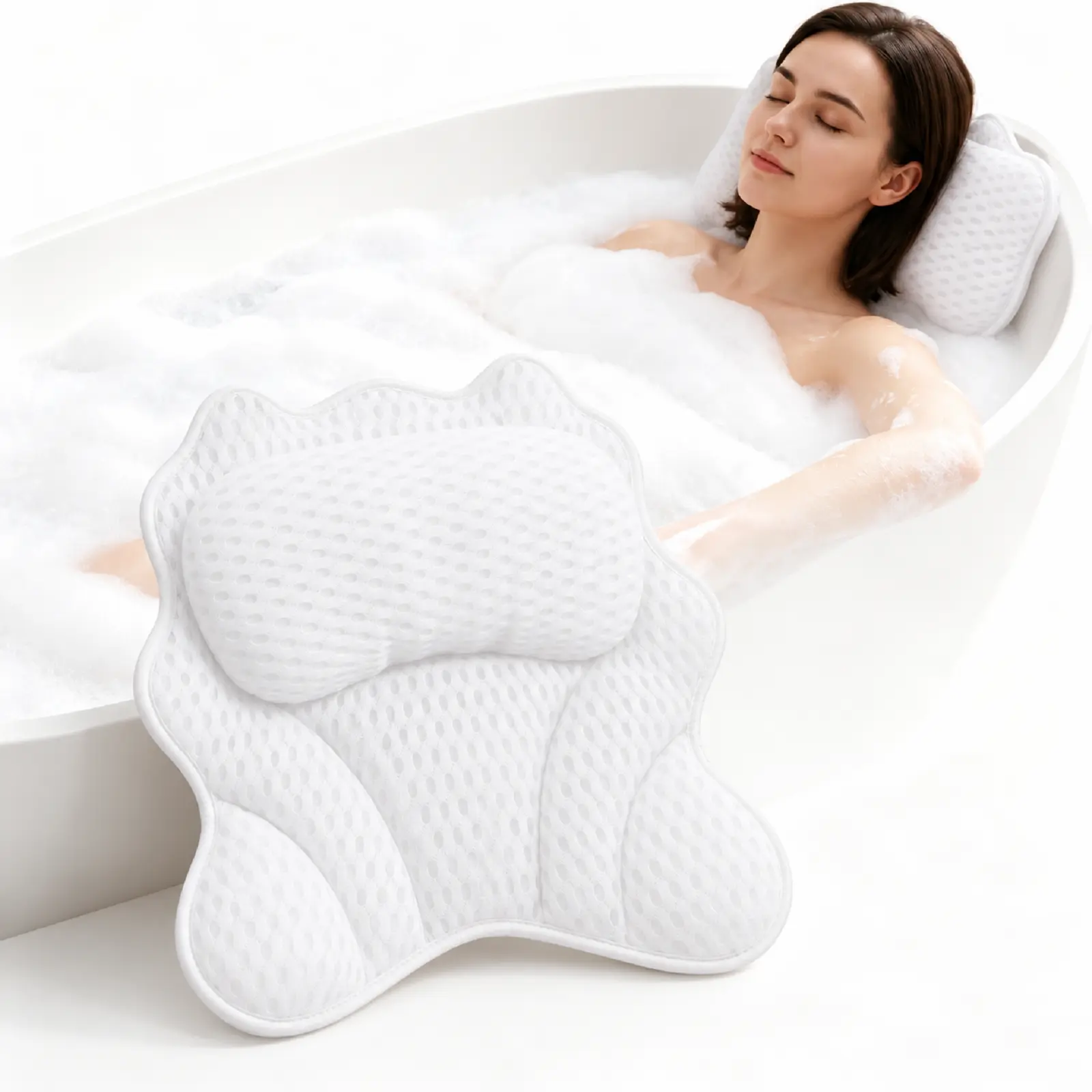Bath Pillow for Tub Neck Back Support 4D Mesh 6 Suction Cups Non Slip Soft Bathtub Pillow with Laundry Bag and Bath Sponge