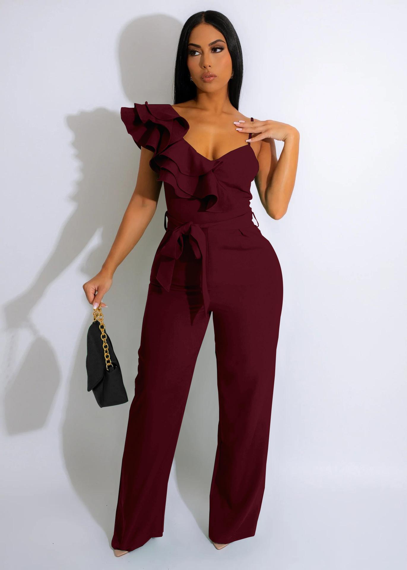 USBoutique Chic Women's Black One Shoulder Ruffled Top& Wide Leg Pants Jumpsuit, Casual Summer Romper, Trendy 2025 Outfit