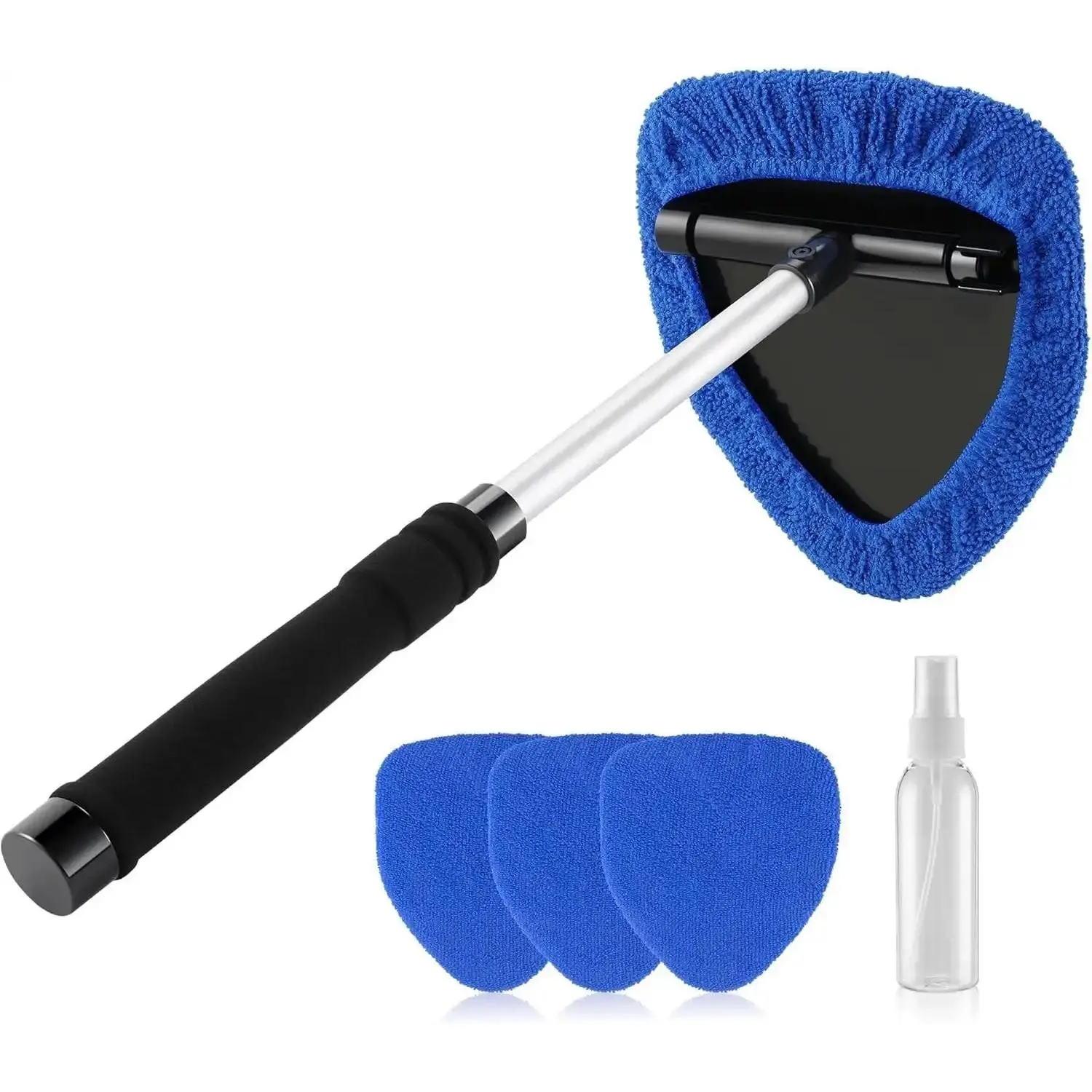 7-Piece Car Windshield Cleaner Tool Kit with Extendable Handle, Swivel Head, EVA Microfiber Cloth Pads, Brush, 50ml Empty Spray Bottle for Auto Glass, SUVs, RVs & Home Windows (Green, Blue), 7 Pieces