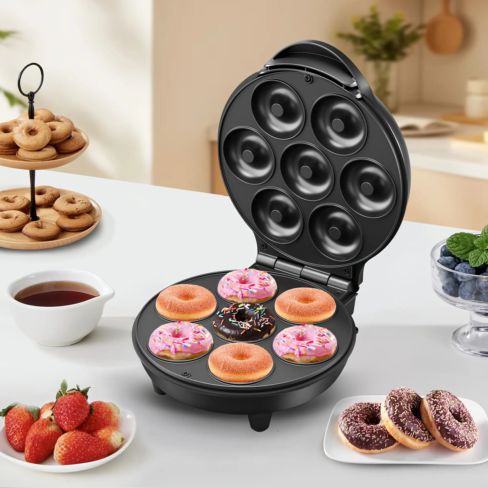 PABHAN Compact 7-Slot Mini Donut Waffle Cake Maker - Multi-Use Electronic Bakery Tool with Round Baking Molds, Fast Baking for Family Breakfast, Toppings-Ready Healthy Doughnut Holes