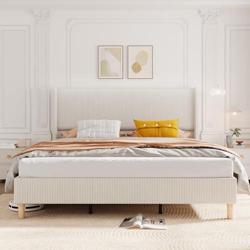 King Size Platform Bed Frame with 50.2" Tall Headboard, Velvet Upholstered Bed Frame King with Vertical Channel Tufted Headboard & Footboard, Nailhead Trim, No Box Spring Needed