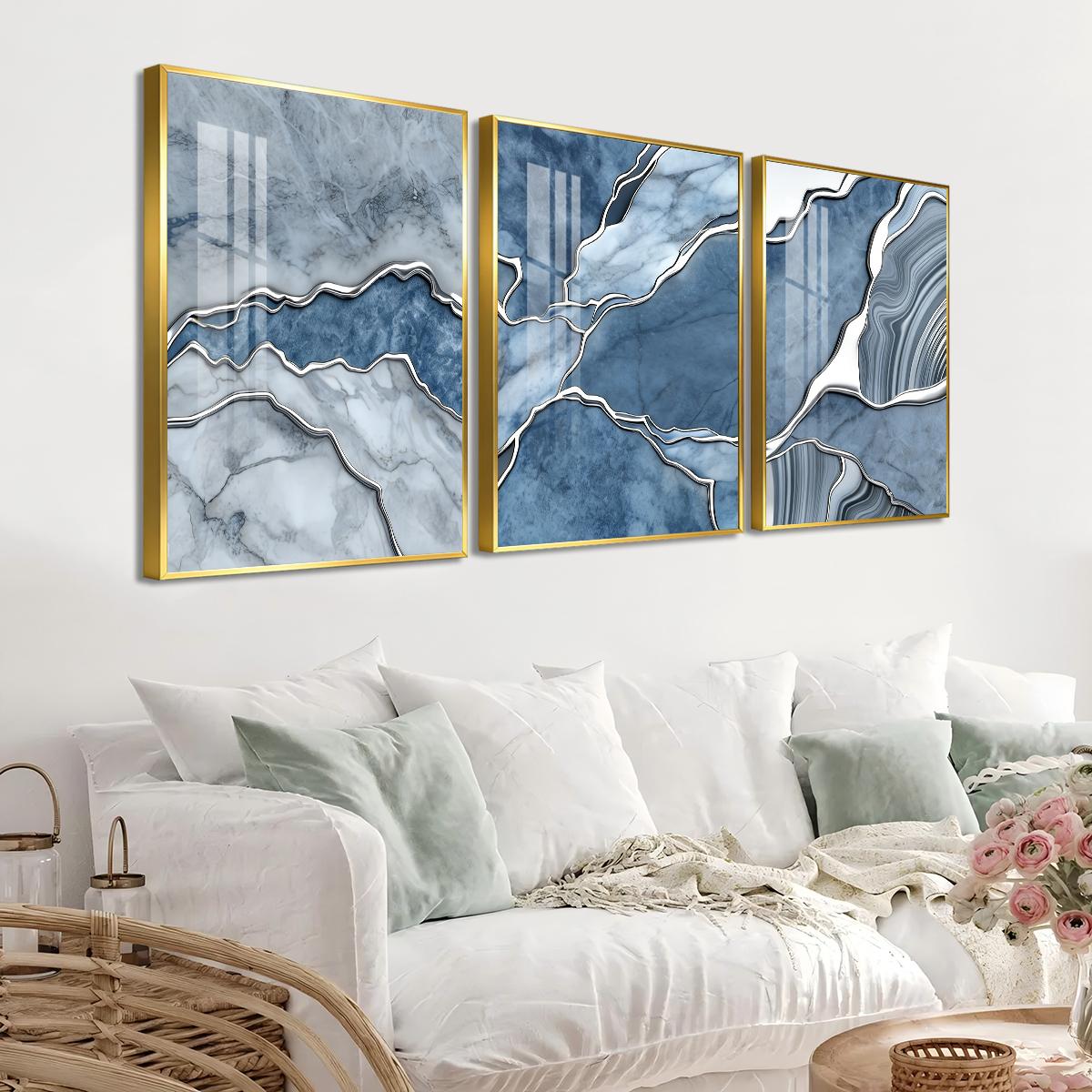 3 Counts Aluminum Alloy Framed Painting, Abstract Blue Marble Texture Art Pictures, Home Decoration For Living Room, Bedroom, Office, Restaurant, Hallway Wall Decor, Odorless Print Artwork, Luxury Perfect Gift For Friends And Family