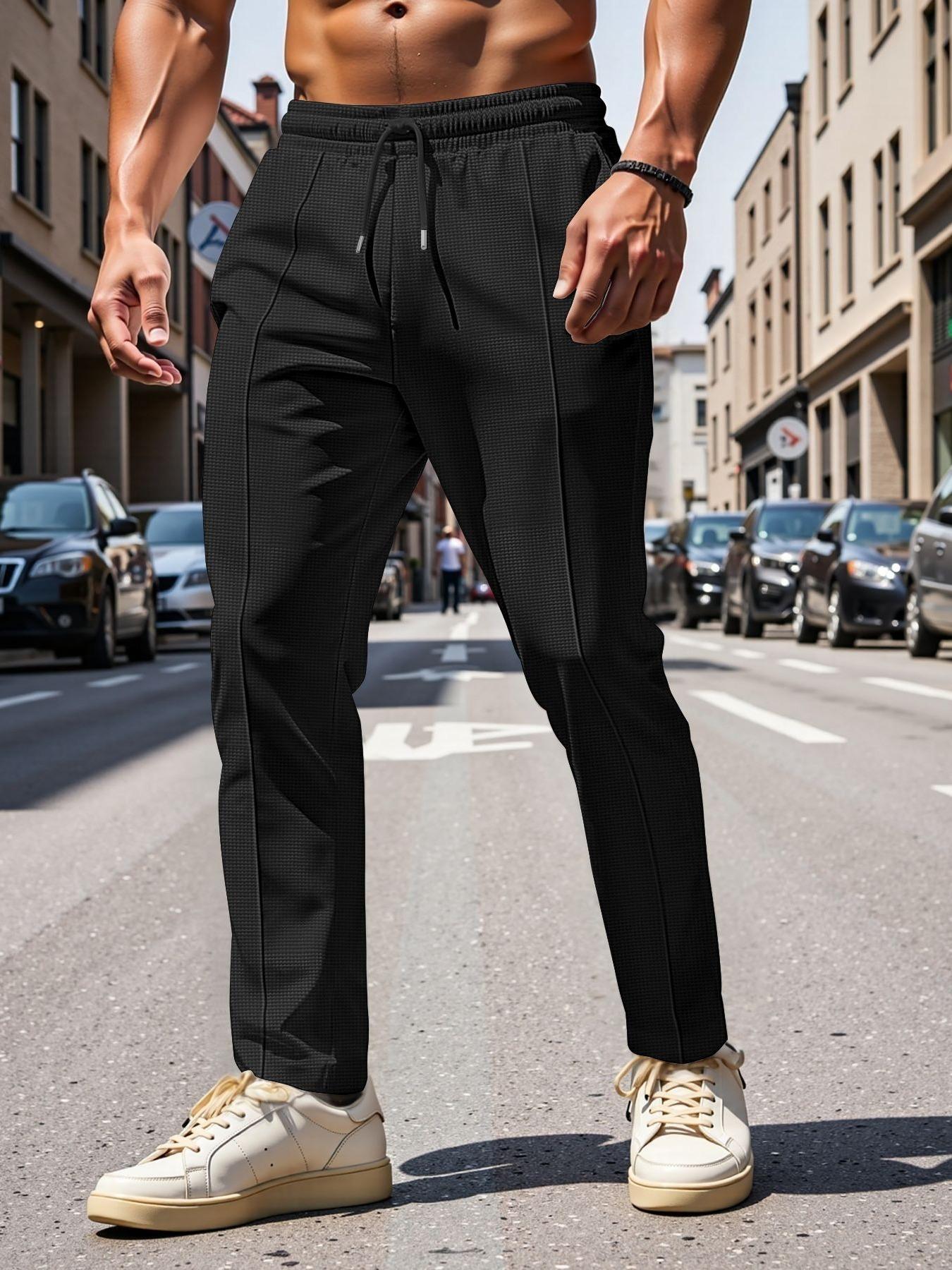 Men's Solid Drawstring Waist Pants, Regular Fit Casual Comfy Pocket Trousers for Spring & Fall, Men's Bottoms for Daily Wear, Casual Fashion Trousers