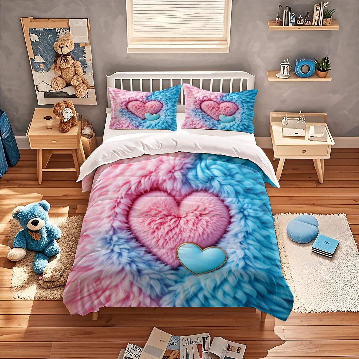 3pc Pink and Blue Heart Digital Print Duvet Cover Set, Bed Sets Supplies, includes 1 duvet cover and 2 pillowcases, suitable for single, double, queen beds, bedrooms, guest rooms, dormitories, hotels