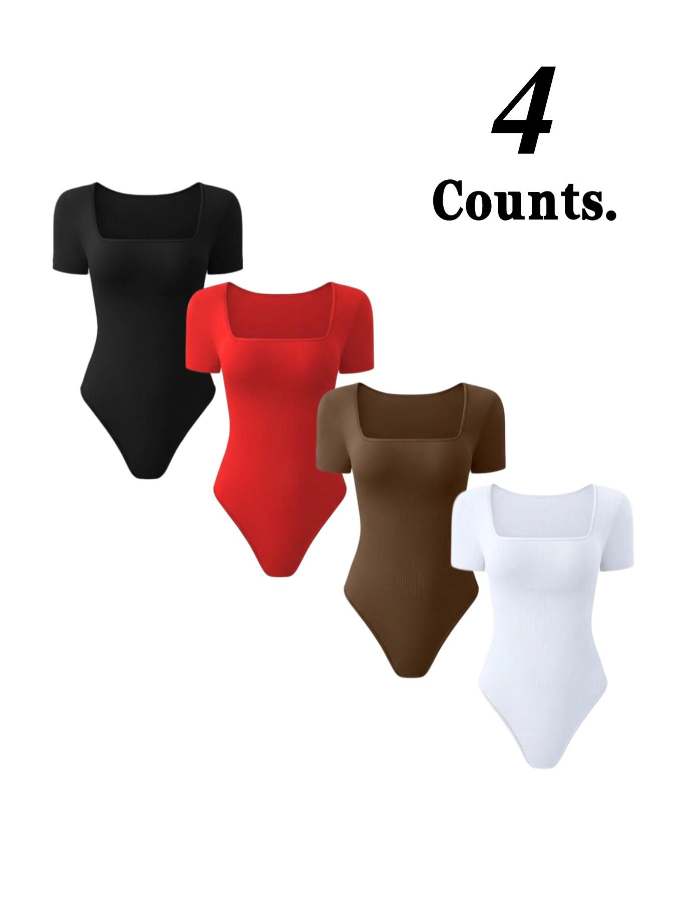Women's Square Neck Short Sleeve Bodysuit, Seamless Waist Cinch Slim Fit Inner Top, Basic Hot Girl Underwear T-Shirt