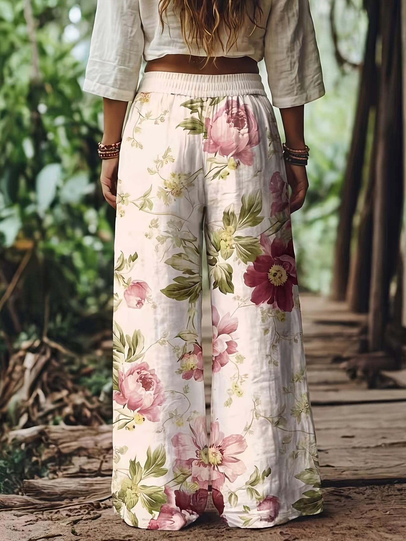 Women's Floral Print Casual Chic Boho Style Bohemian Wide Leg Long Pants with Elastic Waist, Comfortable Breathable Fabric, Ideal for Vacation, Home, Everyday Wear, Suitable for Spring, Summer, Fall, Boho Festival Trousers