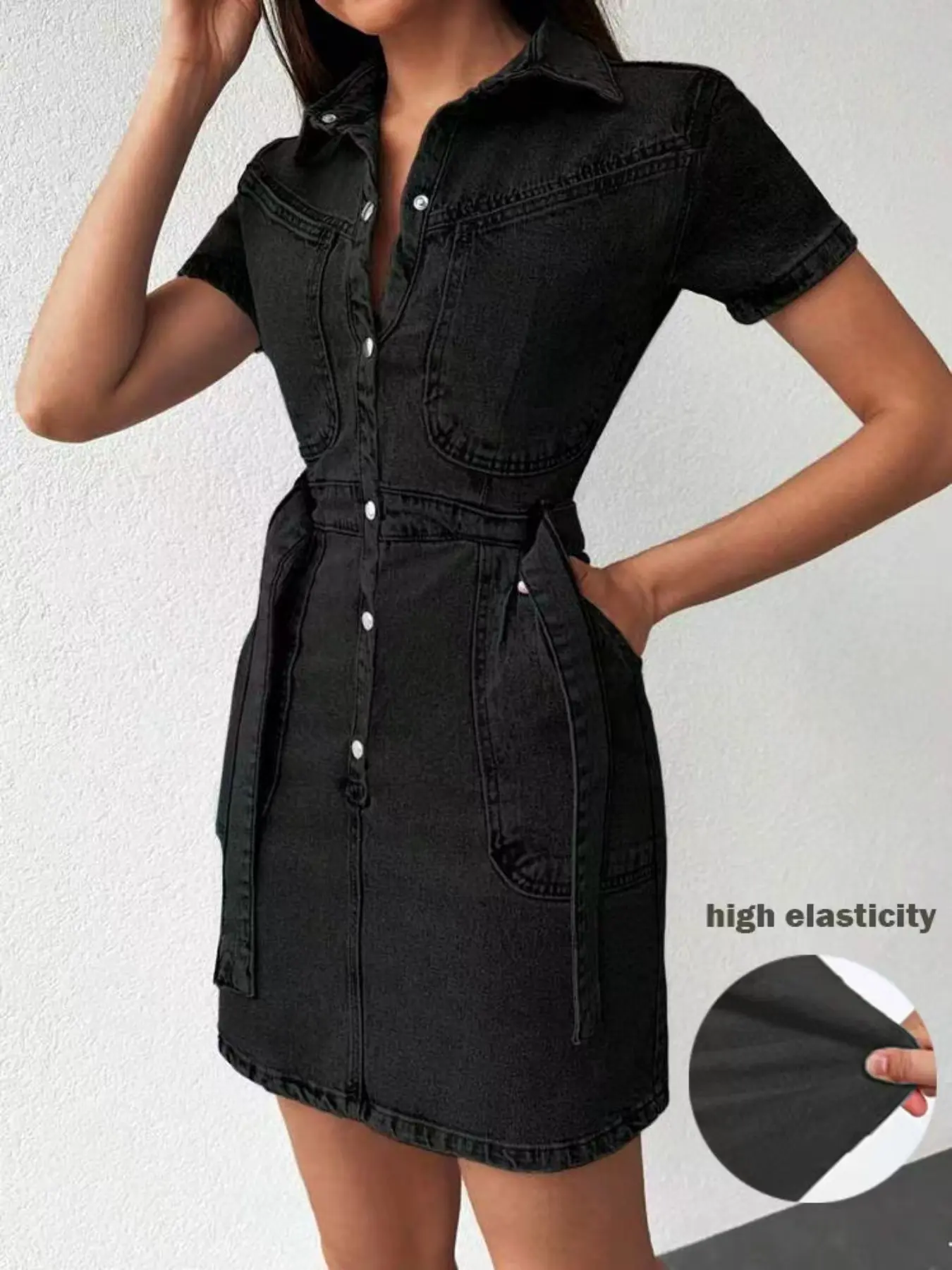 Elegant Women's Slim Fit Denim Dress with Waist Belt, Casual Daily High Elasticity Waist Cinch Denim Dress, Fashionable and Comfortable