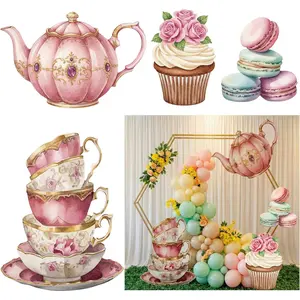 Novabright 4 Pcs Large Tea Party Decorations Backdrop Photo Booth Props Signs Table Centerpiece Vintage Floral Teapot Tower Cupcake Macaron Cutouts for Tea Birthday, Bridal Shower, Wedding Yard Decor