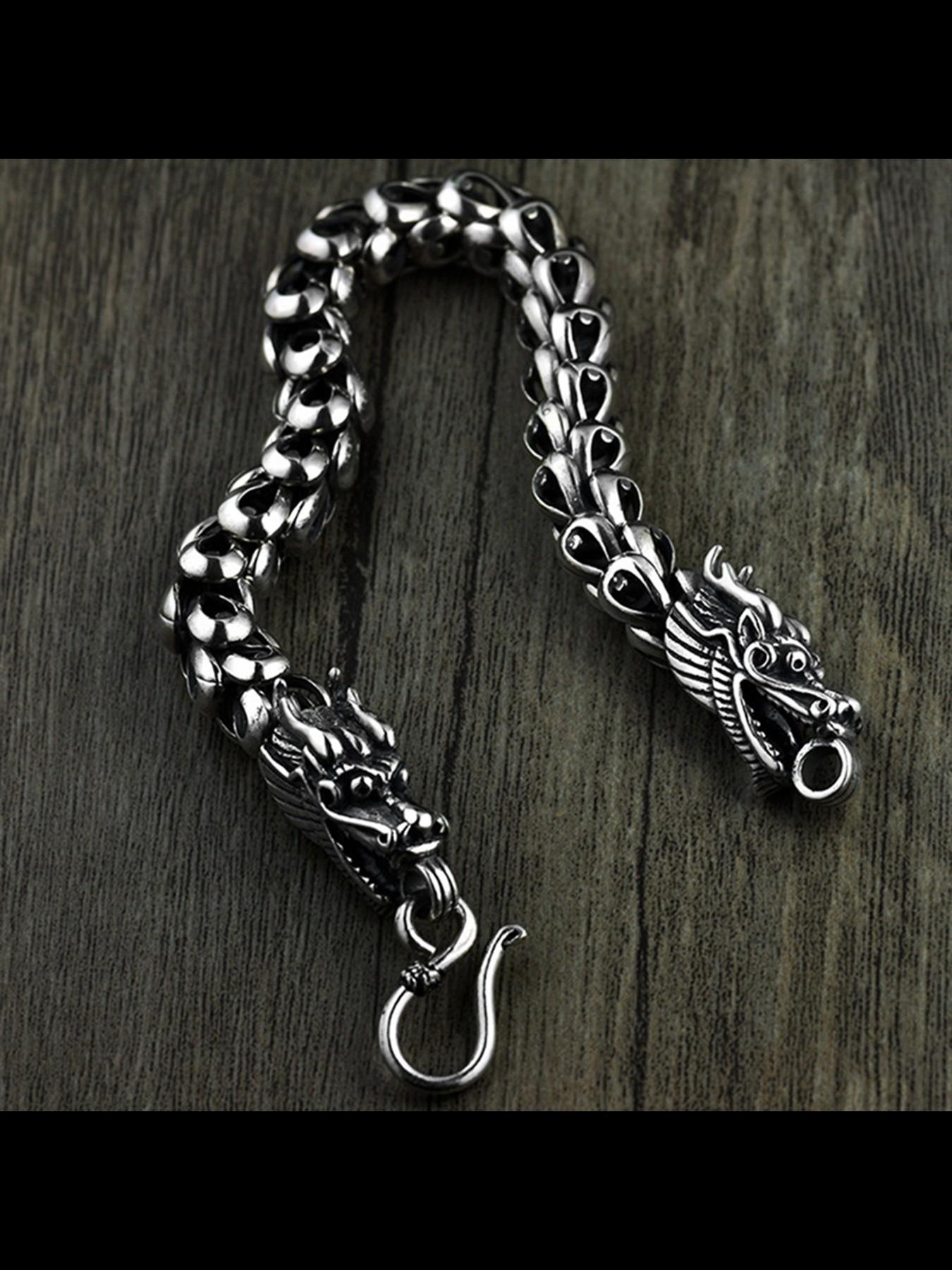 New Fashion Versatile Thai Dual Dragon Head Hand Chain, Men's Trendy Thick Dragon Scale Lucky Twelve Zodiac Dragon Bracelet