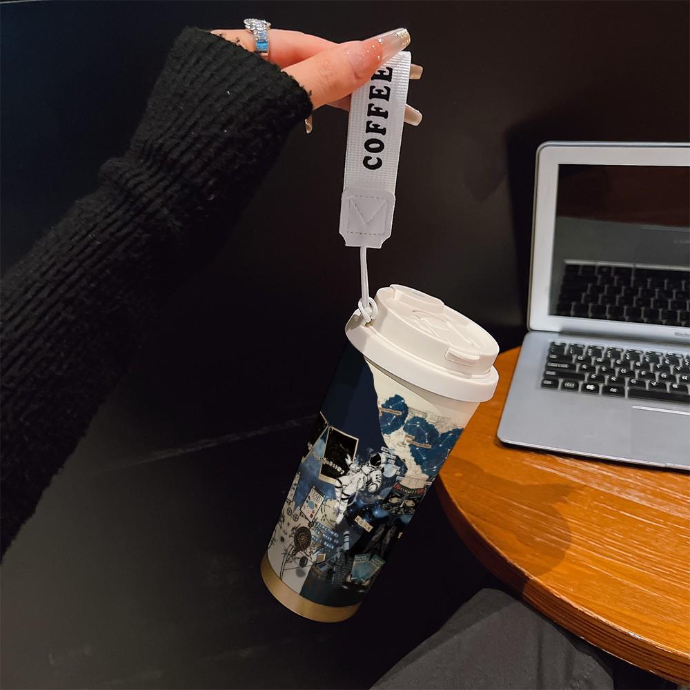 Abstract Astronaut Texture Coffee Cup, Portable Dual Drink Insulated Tumbler, Keeps Hot/cold, Boho Style, Ideal for Office, Travel, Sports