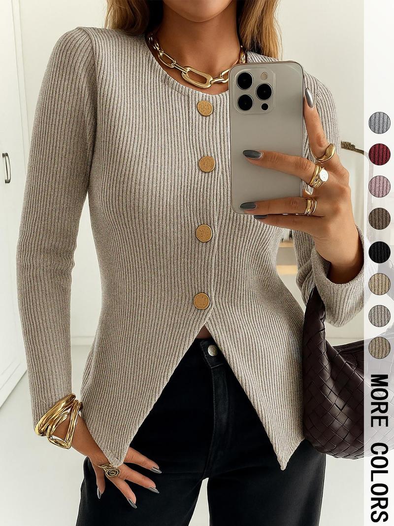 Women's Casual Elegant Ribbed Knit Button Long Sleeve Top, Fitted Plain Design, All Season Wear, Moderate Fabric Thickness, Knitwear