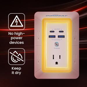 Multi Plug Outlet Surge Protector - POWSAF 5 Outlet Extender with 4 USB Ports(2 USB-C Fast Ports) and Night Light, 3-Sided Power Strip with Adapter Spaced Outlets - ETL Multiple Sockets