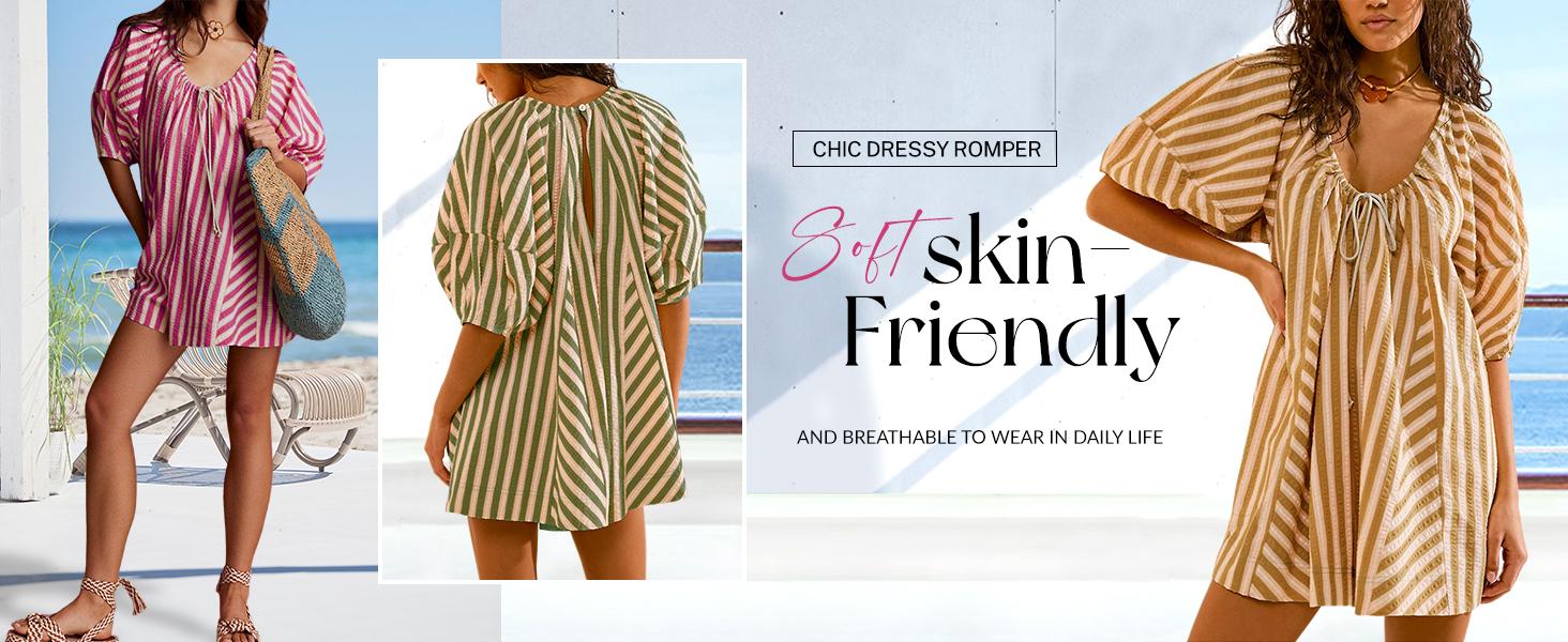 Womens Striped Romper Casual Loose Puff Sleeve Wide Leg Jumpsuit Overall with Pockets