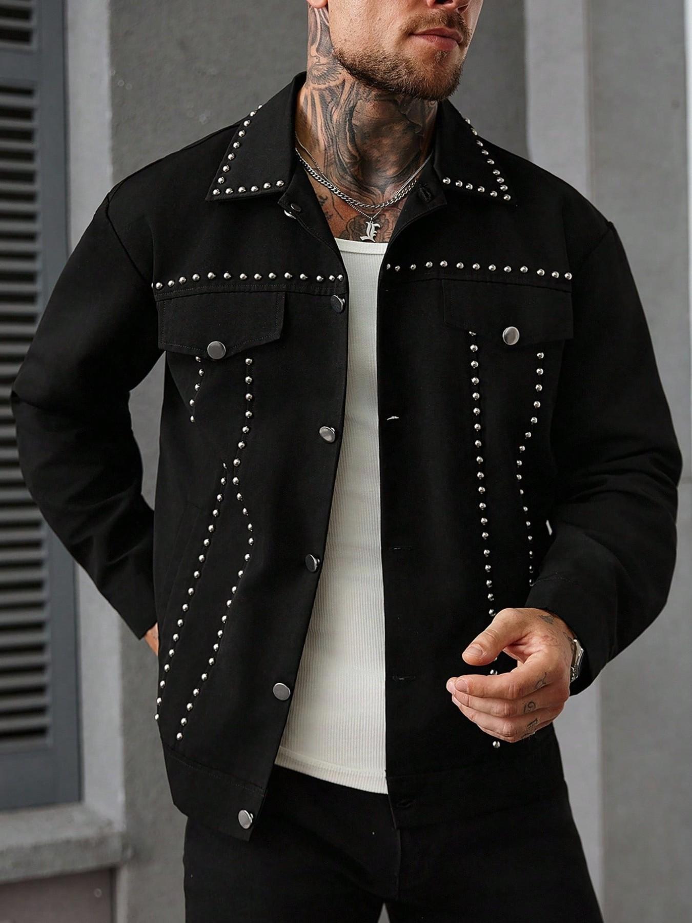 Men's Rivet Decorated Collar Work Jacket, Punk Street Style, Metal Rivets, Button Front, Pockets, Long Sleeve, Fall & Winter