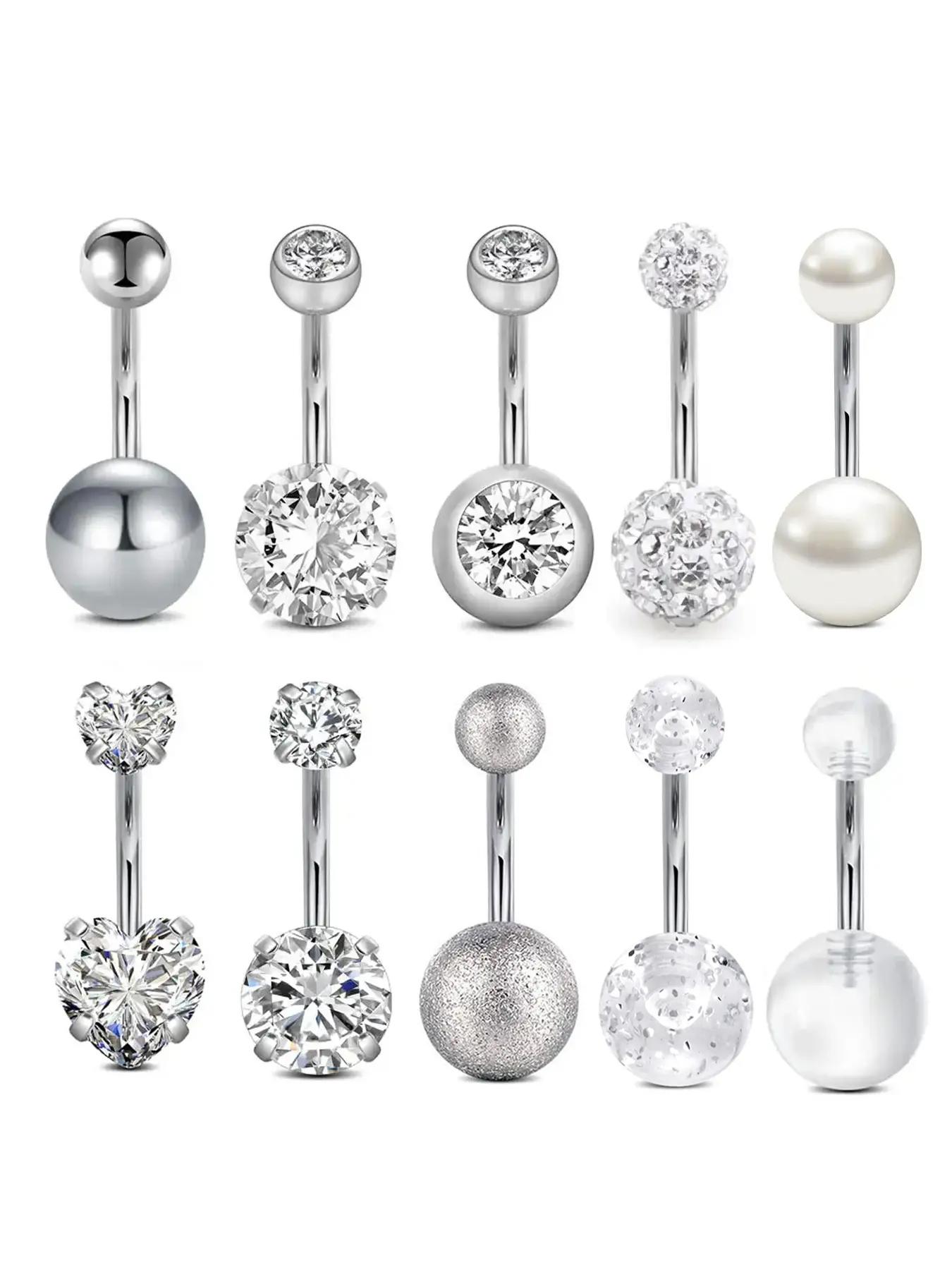 10pcs/set Elegant Rhinestone Heart Decor Belly Button Ring, Trendy Women Belly Piercing Body Jewelry, Classic Fashion Accessories for Daily Wear, Valentine's Day Gift, Body Piercings Set