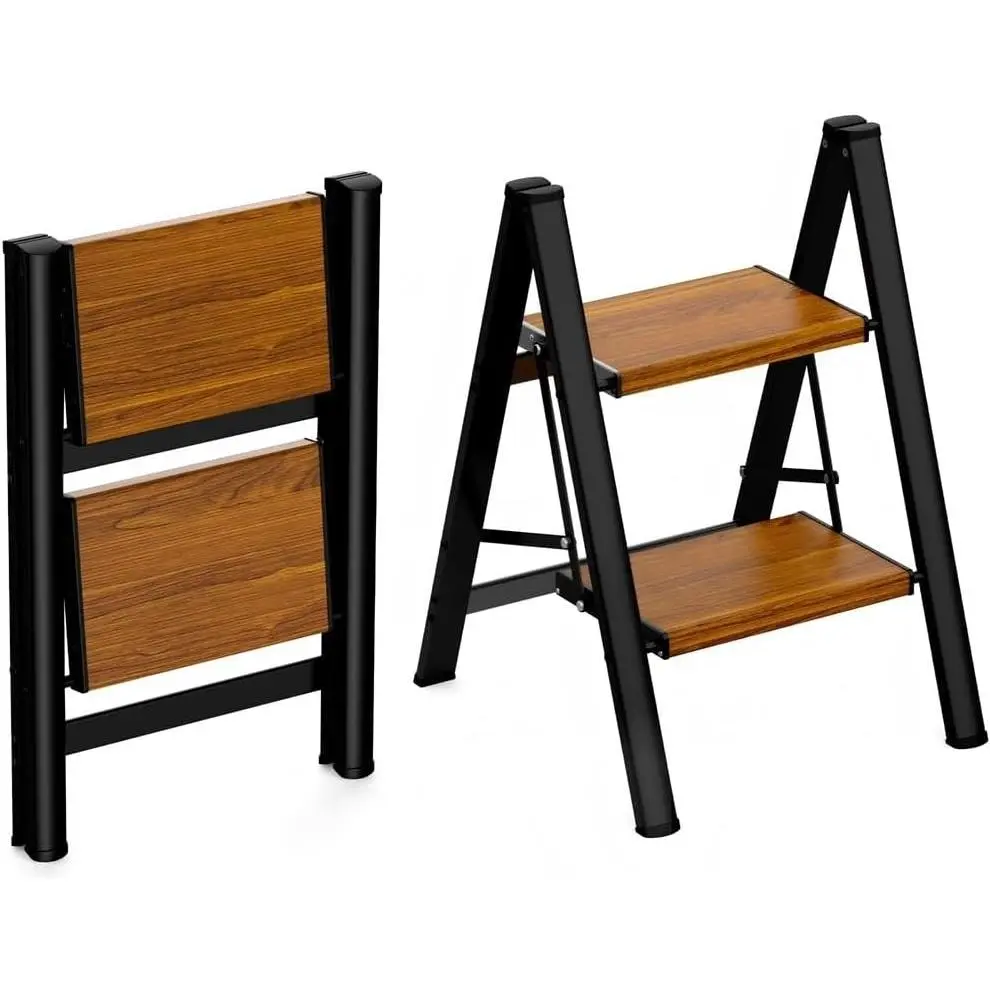 Step Ladder,Lightweight Aluminum Folding Step Stool with Anti-Slip Wide Pedal,330lbs Capacity Step Ladder for Household,Kitchen,Office - BlackWoodgrain