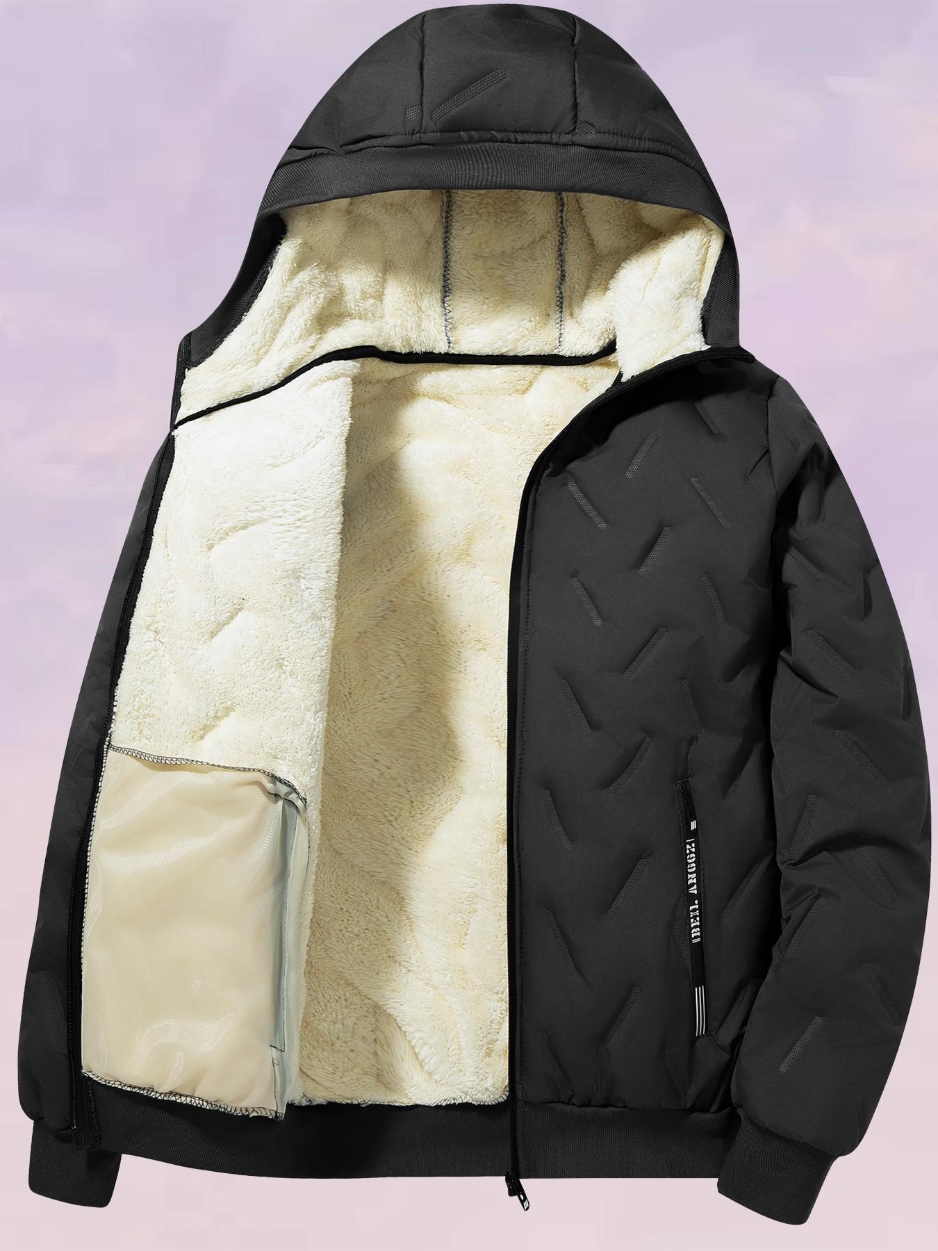 Men's New Fall Winter Fleece Lined Hooded Cotton Casual Solid Color Jacket, Lamb Fur Inner Warm Coat, Thickened Hoodie Outerwear for Cold Weather