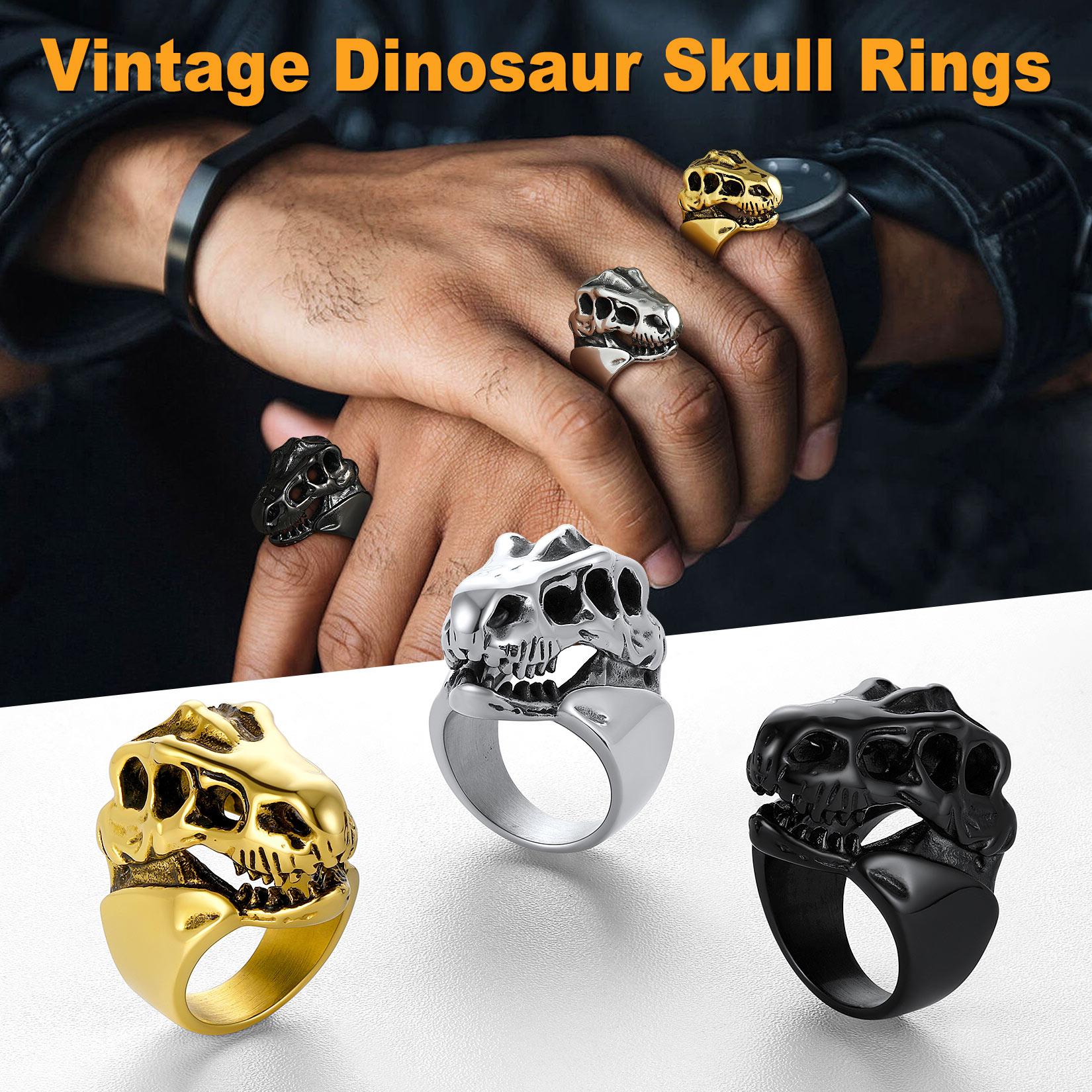 U7 Mens Jewelry Ring Dinosaur Head Skeleton Signet Ring Gothic Punk Jewelry Ring Stainless Steel