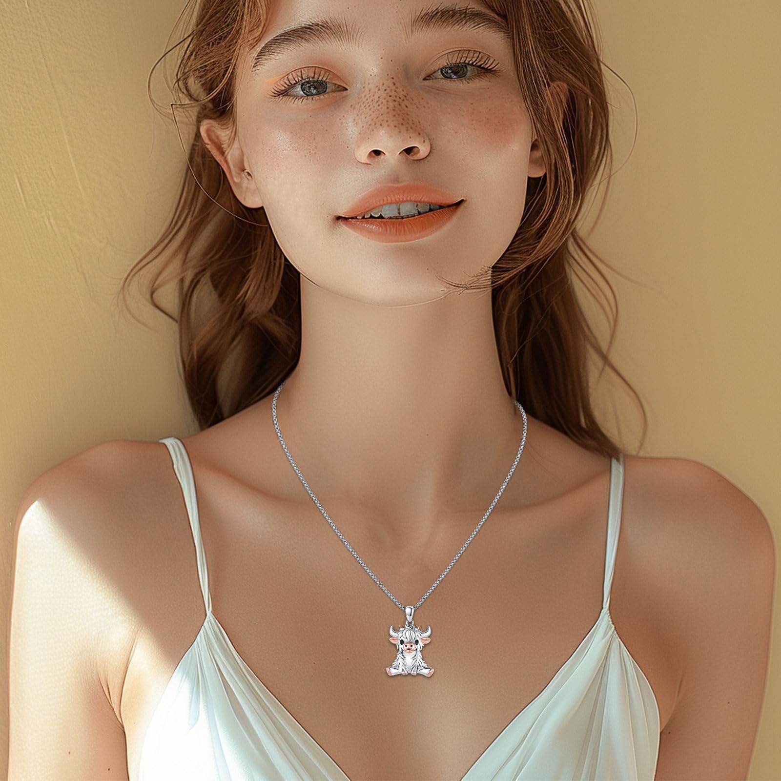 DRINSPER Highland Cow Jewelry 925 Sterling Silver Pendant Necklace & Ring Cute Highland Cow Open Ring Highland Cow Jewelry