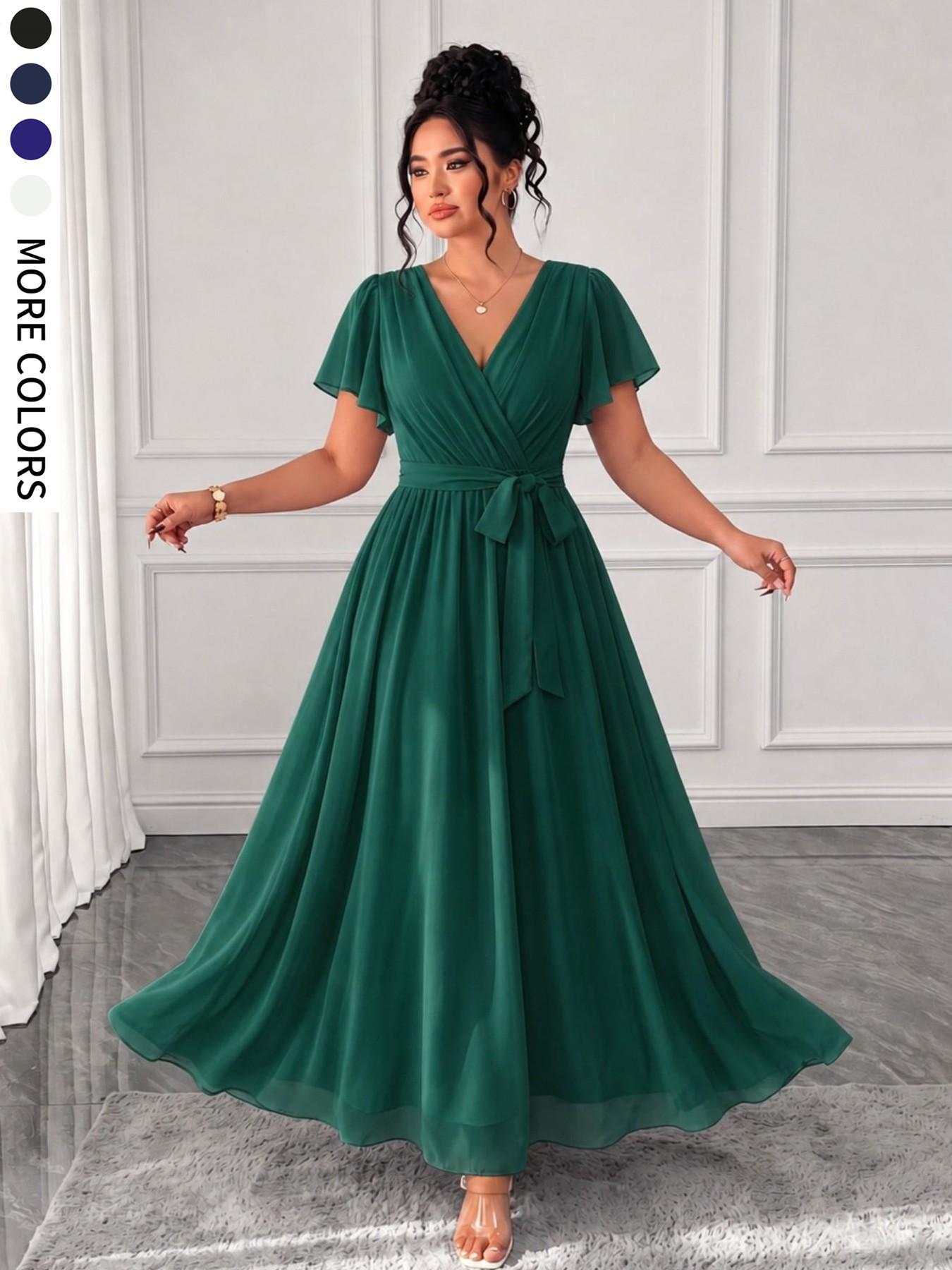 Plus Size Women's Solid A-Line Dress, Ruffle Sleeve Lightweight Flowy, Tie Waist Accentuate Curves, Elegant for Parties, Dates, Weddings, Elegance