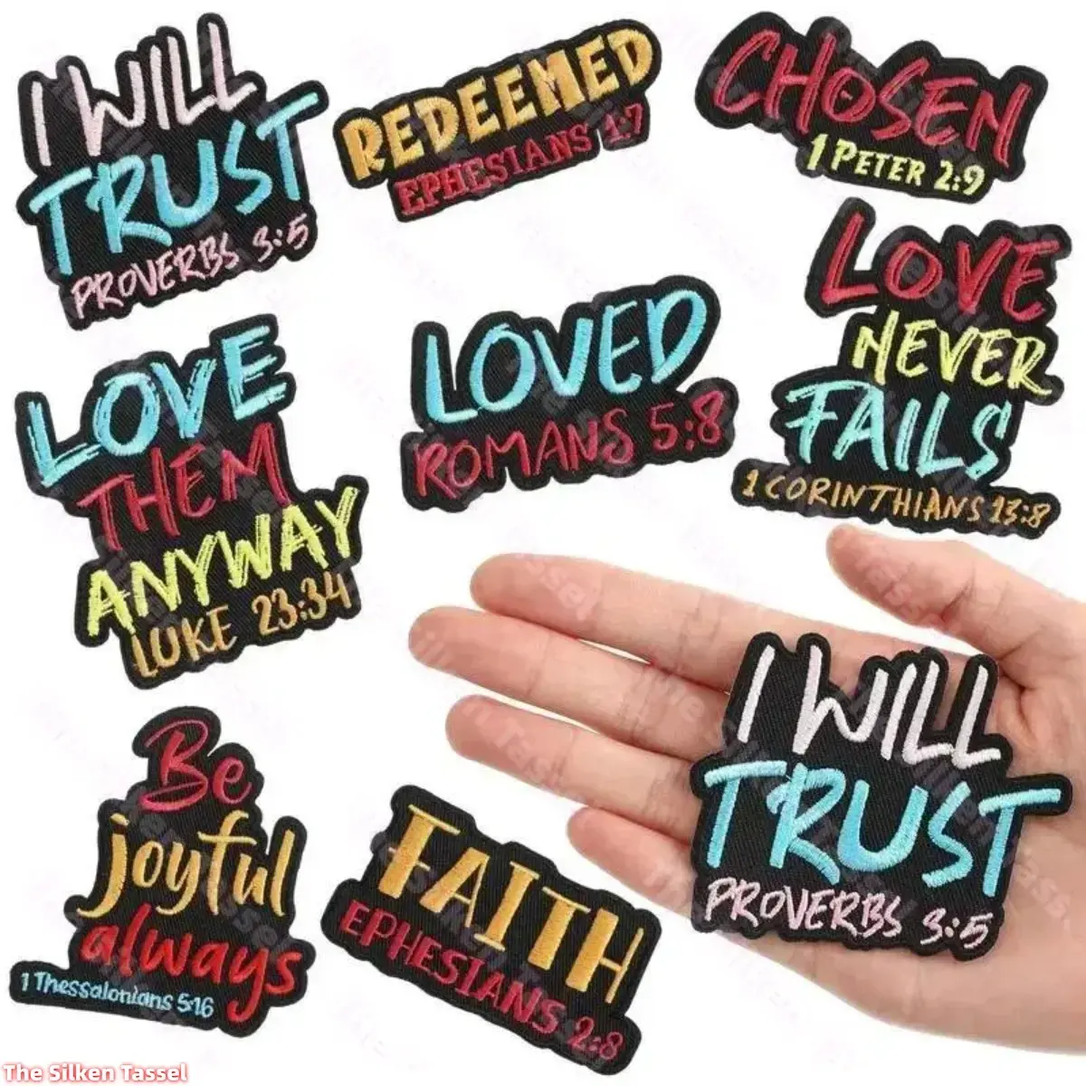 Christian Iron-On Patches, 8 Pcs Geometric Embroidered Appliques with Bible Verses, Washable with Precise Stitch for School, Sports & DIY Home Projects, Mix 8 Styles, Lasting Embroidery
