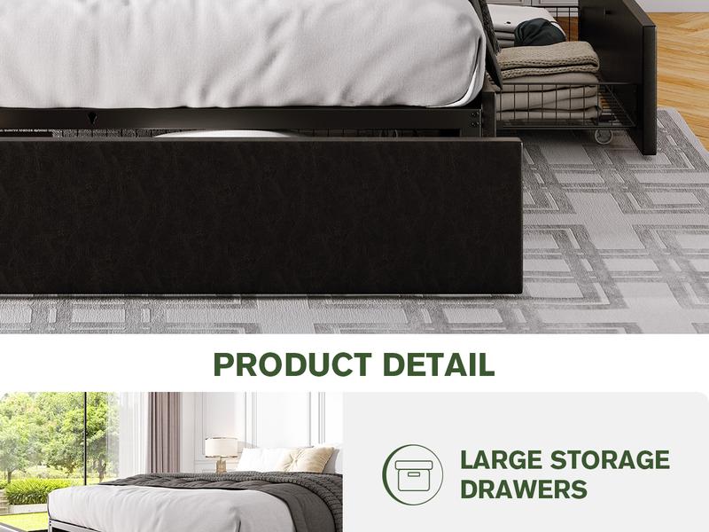 MUTICOR Platform Bed with 3 Storage Drawers, Faux Leather/ Linen Fabric Upholstered【Frame Only No Mattress】Wood Slats Support,No Box Spring Needed, Noises Free,Black/ Dark Grey#TikTokShopBlackFriday #ChristmasGifts