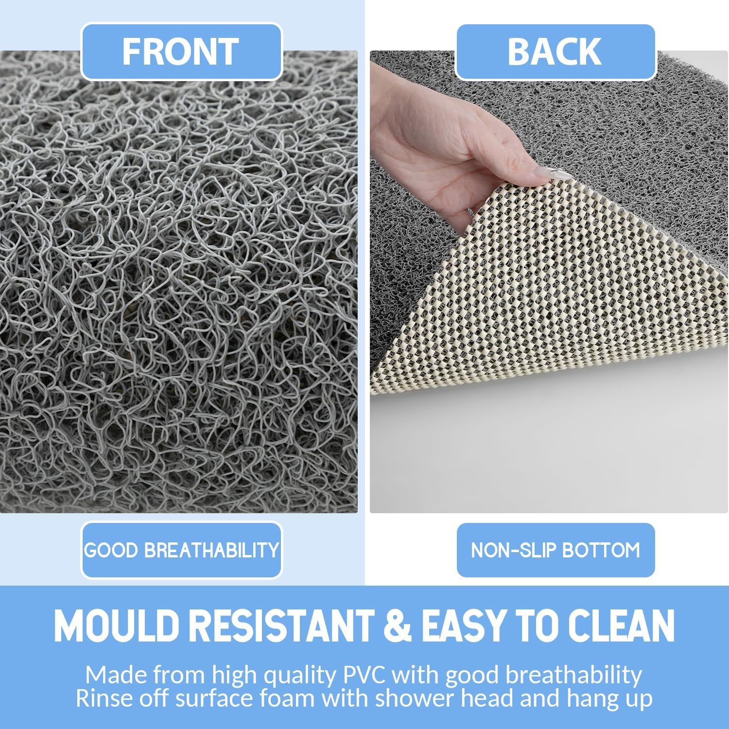 Non-Slip Bathtub Mat, Anti Slip Shower Mat, Fast Drying Bathtub Mats, Foot Scrubber Mat, Anti Slip Mat for Tub, Floor, Bathroom, Kitchen, Home, Hotel (Grey 71"*24")
