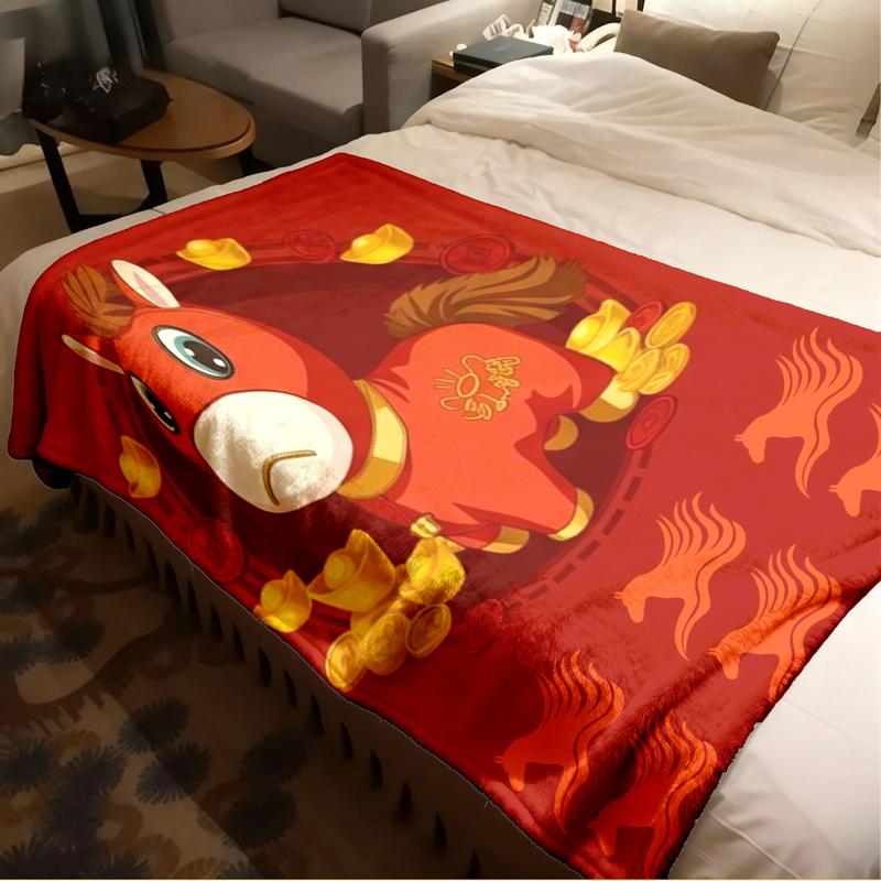 Cute Bitter Horse Theme Flannel Blanket, Large Size, Soft Lightweight Warm, Perfect for Bed Sofa Office Camping Travel Gift