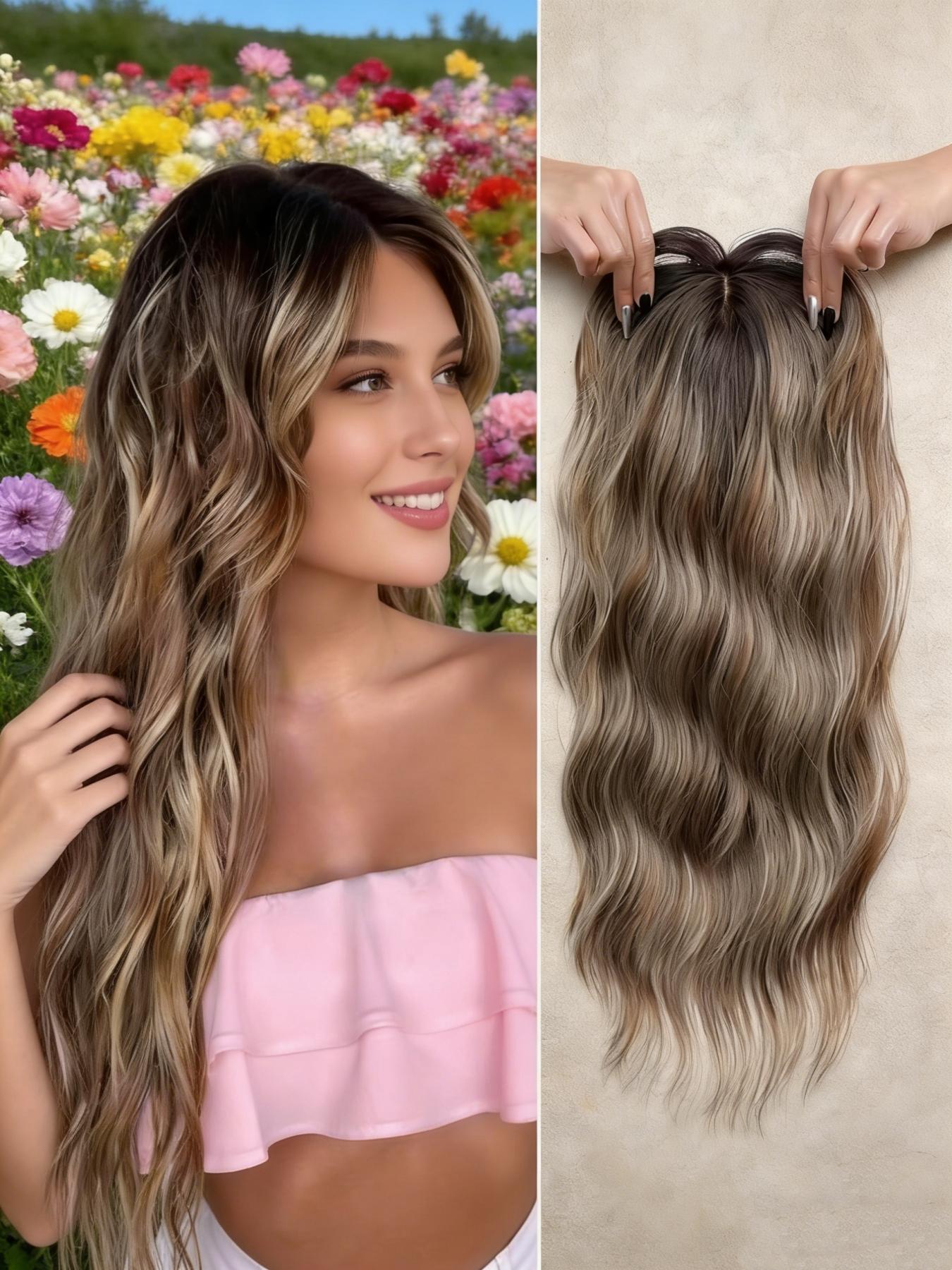 ✨Viral Long Wavy Hair Topper, Dark Brown Balayage with Natural Highlights, Invisible U-Part Clip-In Extensions, Glueless Easy Wear for Natural Looking Hair