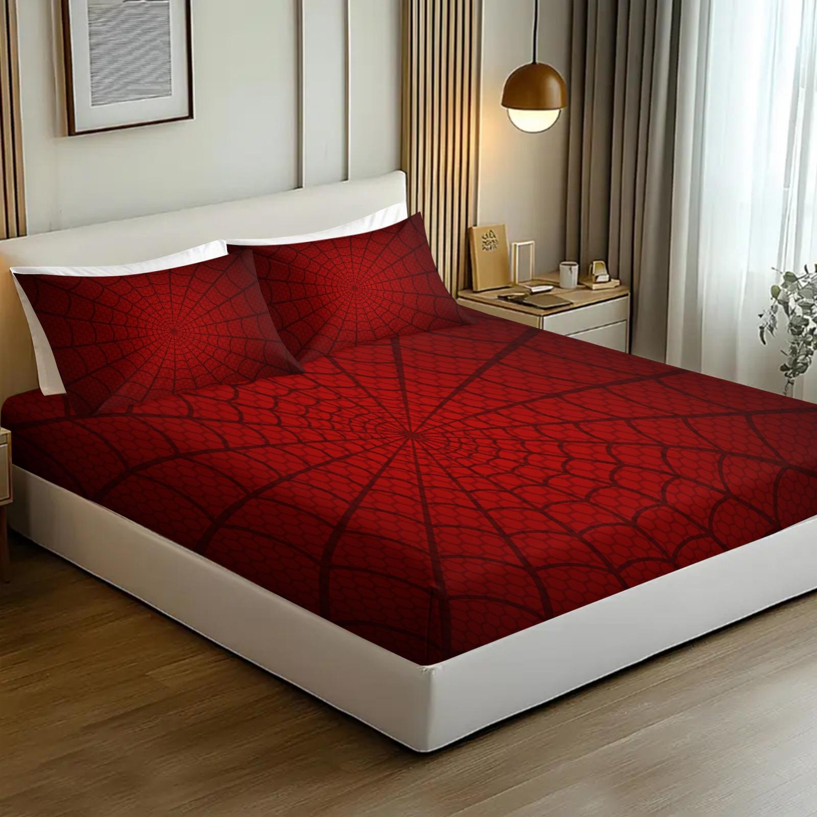 Creative Spider-Man Web Pattern Bed Sheet Set, Unique Printed Bedding, Anti-Slip Dustproof Cover, Dust Prevention, Includes 1 Fitted Sheet & 2 Pillowcases