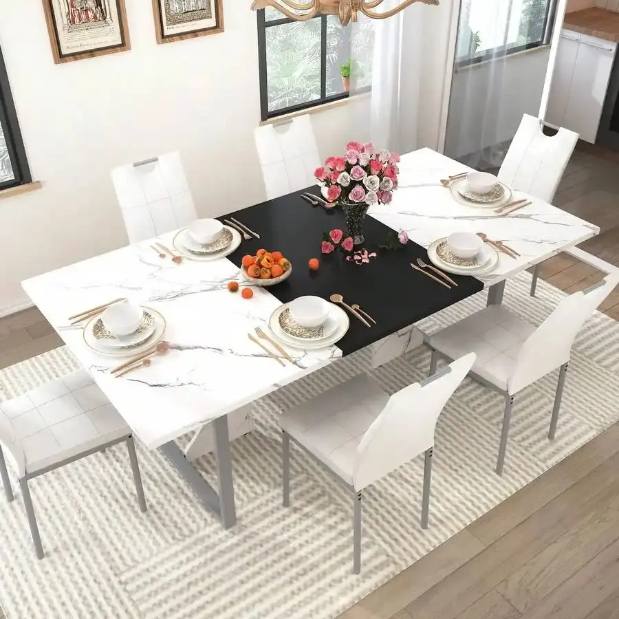 7-Piece   Set| Wooden   With 6 Upholstered Chairs For 6 People| 70in Kitchen  W/Waterpoof Tabletop,Leather Chairs,Rectangular  W/Adjustable Leg For  Room Dining Table set