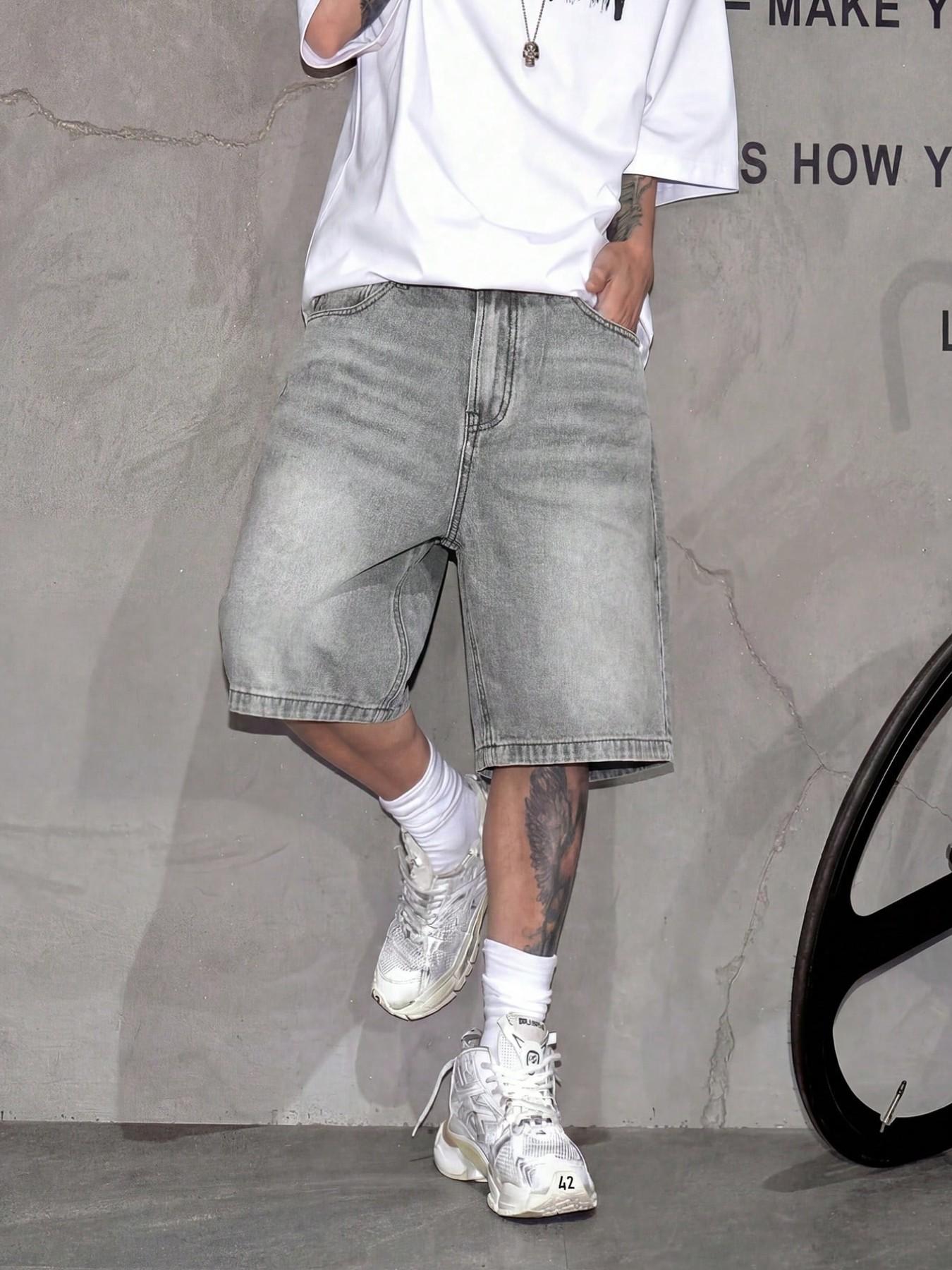 Men's Fashion Street Style Loose Fit Denim Shorts, Casual Mid Waist Zipper Fly, Plain Pattern, Daily Wear, Comfortable and Stylish