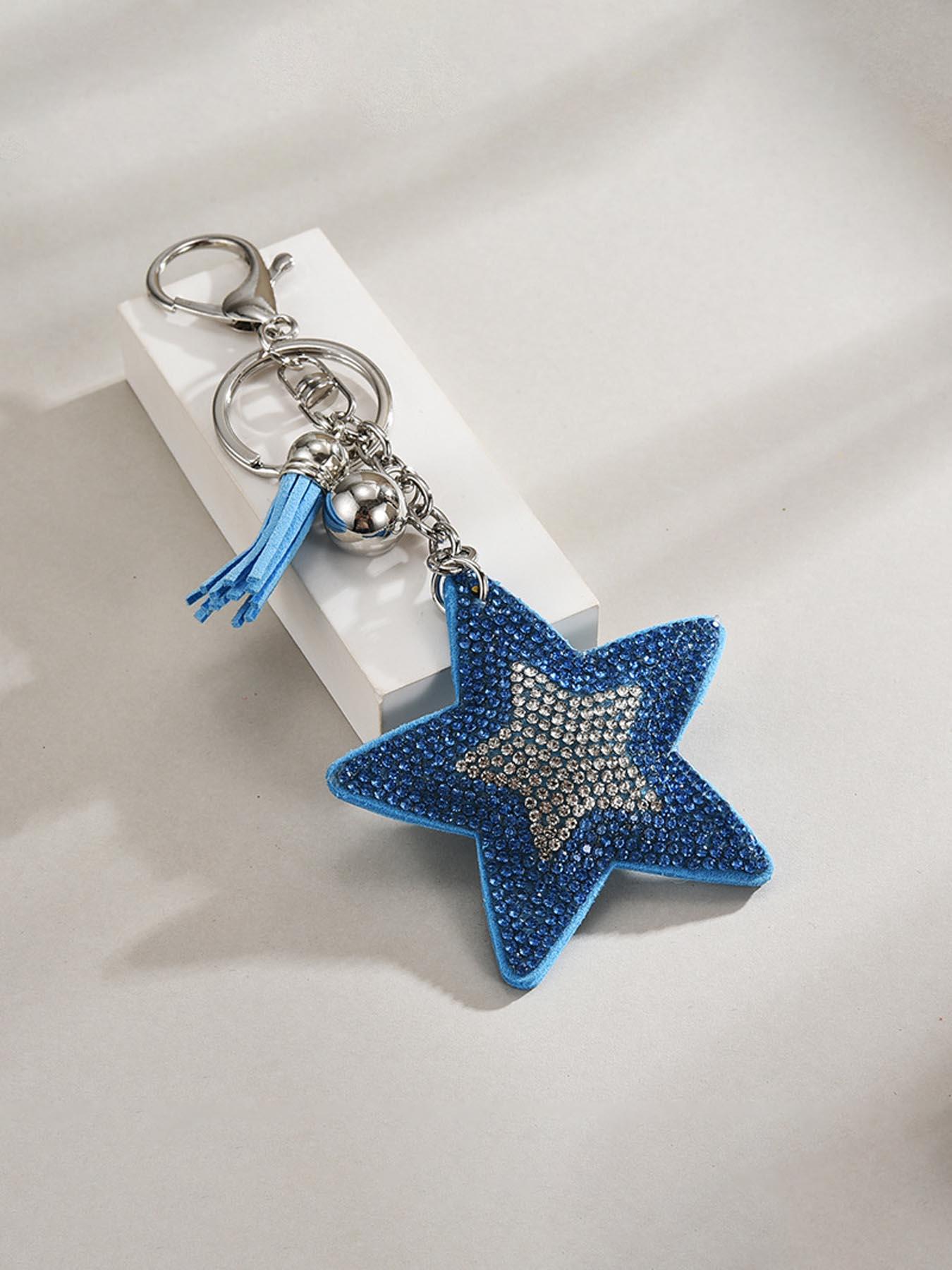 Elegant Two-Tone Rhinestone Star Sequin Keychain, Boho Style Beach Bag Charm, Dual-Sided Design, Fringe Key Ring Accessory