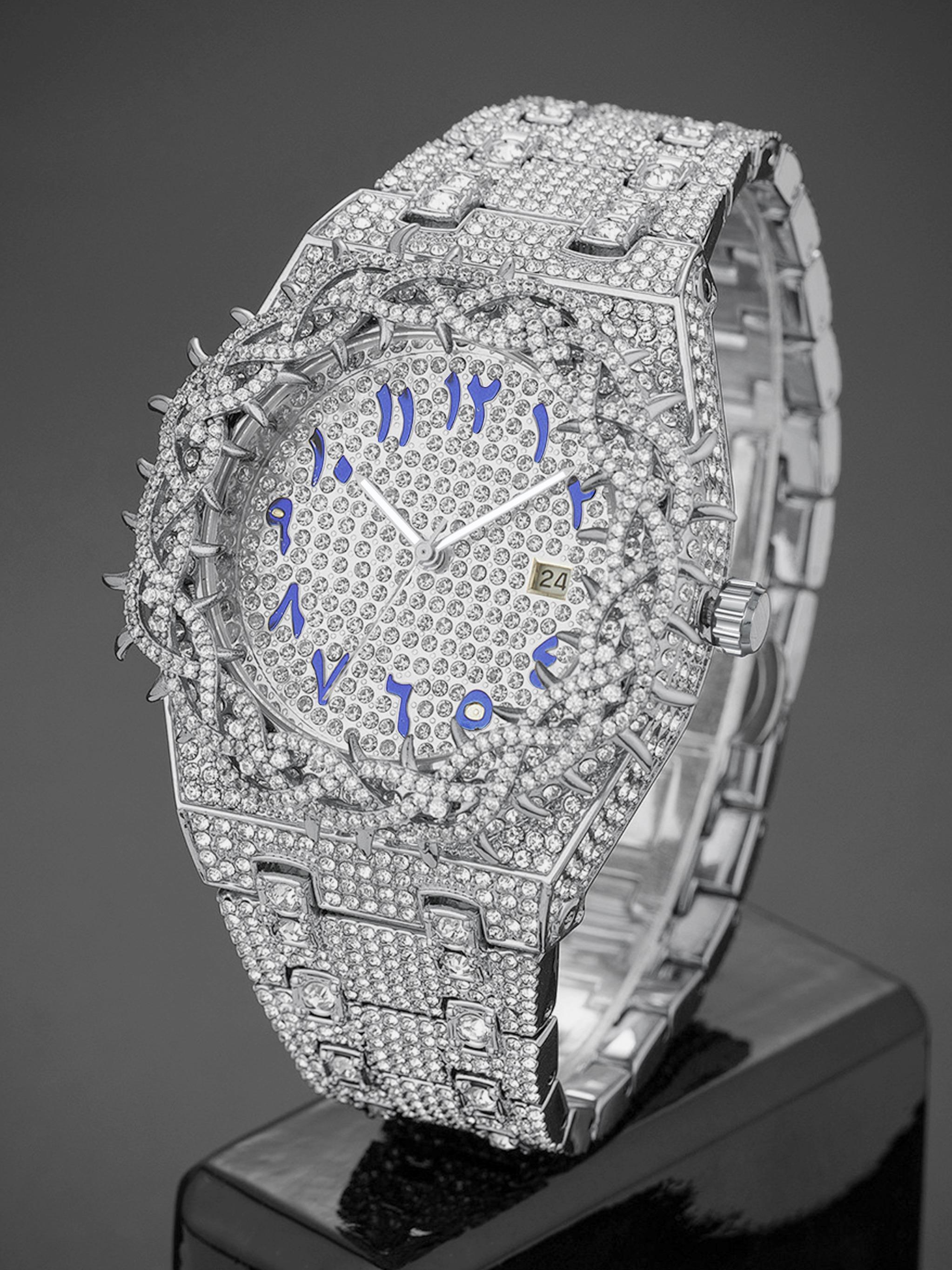 Unisex New Hip-Hop Style Quartz Watch, Rhinestone Strap & Full Iced-Out Large Dial, Unique Zirconia Design Wrist Watch, Party Gift for Men and Women Unisex New Hip-Hop Style Quartz Watch, Rhinestone Strap & Full Iced-Out Large Dial, Unique Zirconia Design Wrist Watch, Party Gift for Men and Women