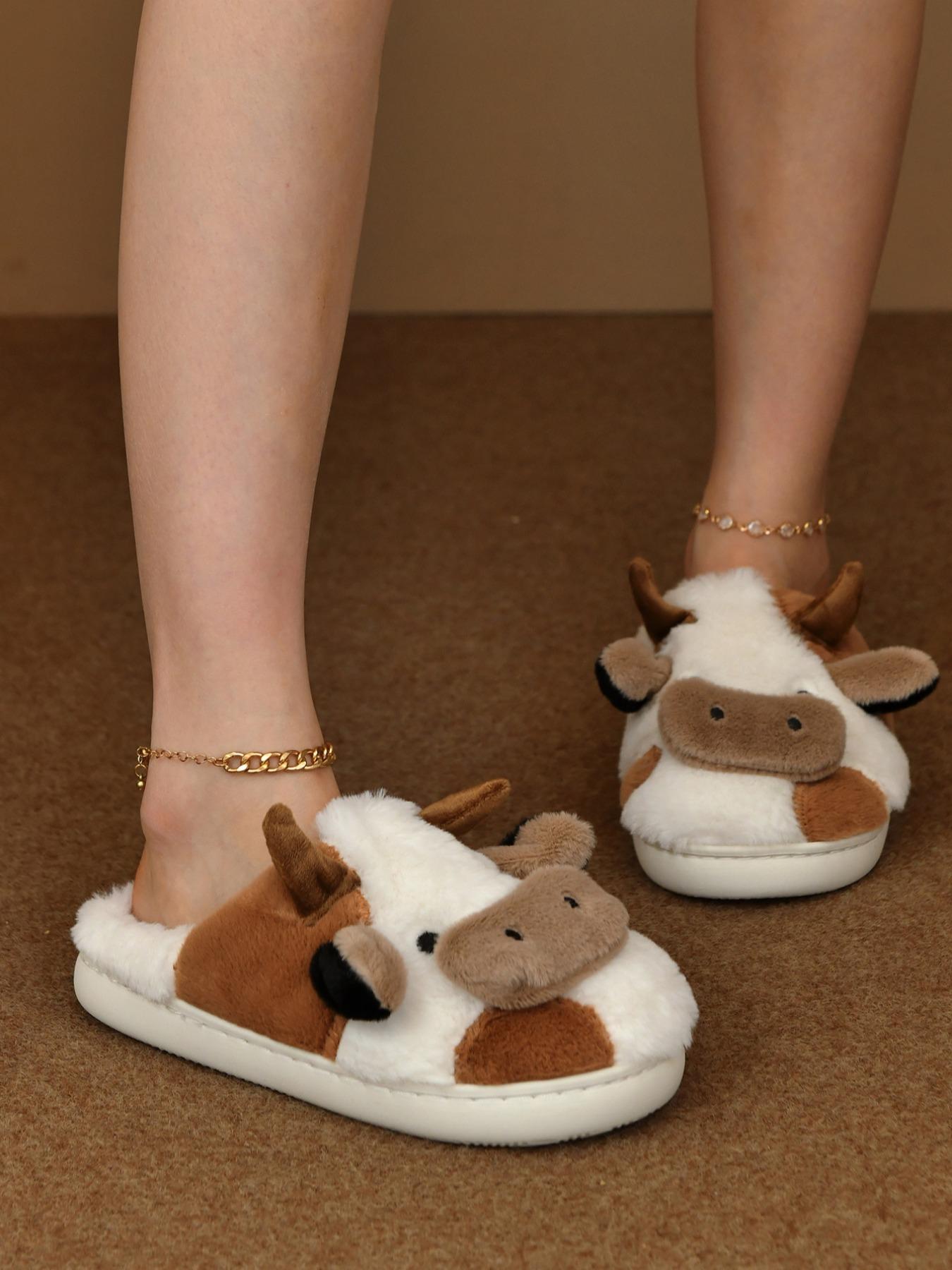 Women's Cute Cow Design Plush Slippers, Warm Bedroom Soft Slippers, Indoor Outdoor Silent Non-Slip Slippers, Casual Animal Pattern,Christmas Gifts For GF