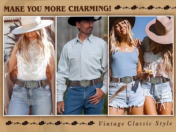 BELTROAD Cowboy Cowgirl Leather Buckle Belt for Men Women Western Leather Belt for Jeans Business Belt Unisex All Year Round Christmas Gifts