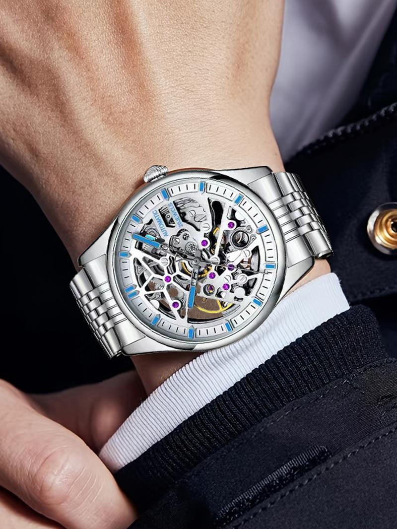 Men's Business Fashion Automatic Round Dial Mechanical Watch with Engraved Design, Elegant All-match Fashion Accessories for Daily Wear, Exquisite Accessories for Birthday Gifts, Mechanical Style Watches