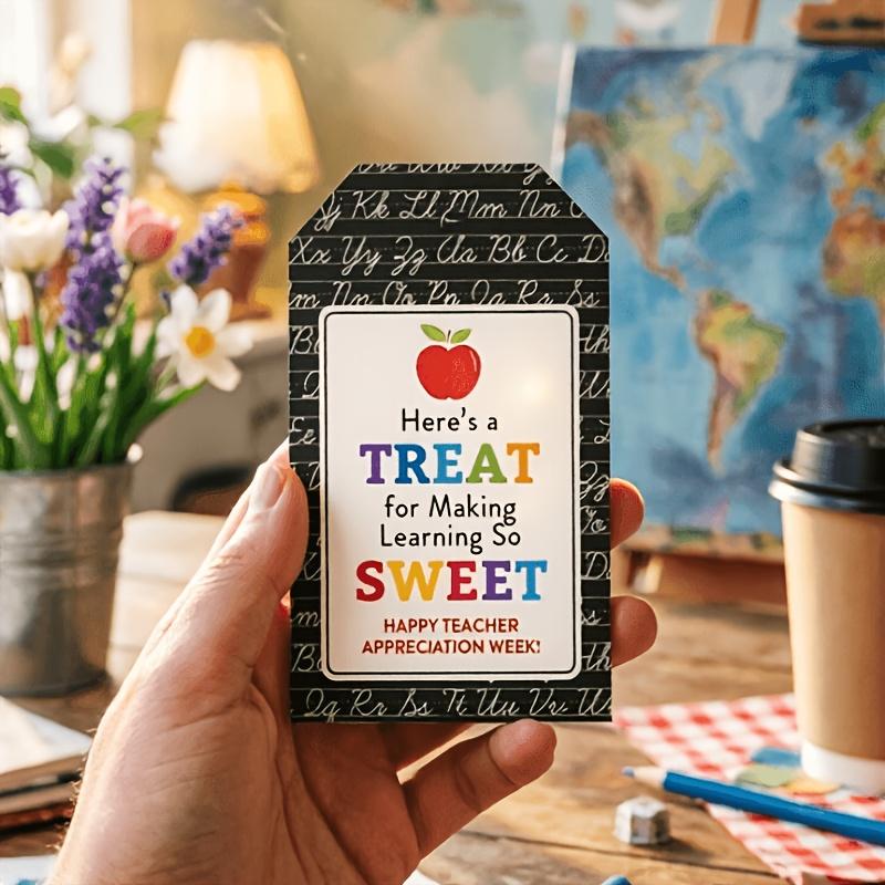 20 Pcs Happy Teacher Appreciation Week Gift Tags, Colorful Graffiti Font, Rainbow Letters, Blackboard Style, Apple Design