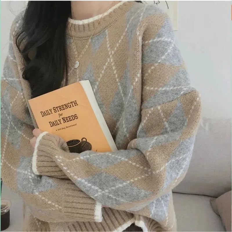 Academia Argyle Sweater for Women Crew Neck Long Sleeve Pullovers Jumper Shcoolgirl Fall Winter Preppy Style Outfit