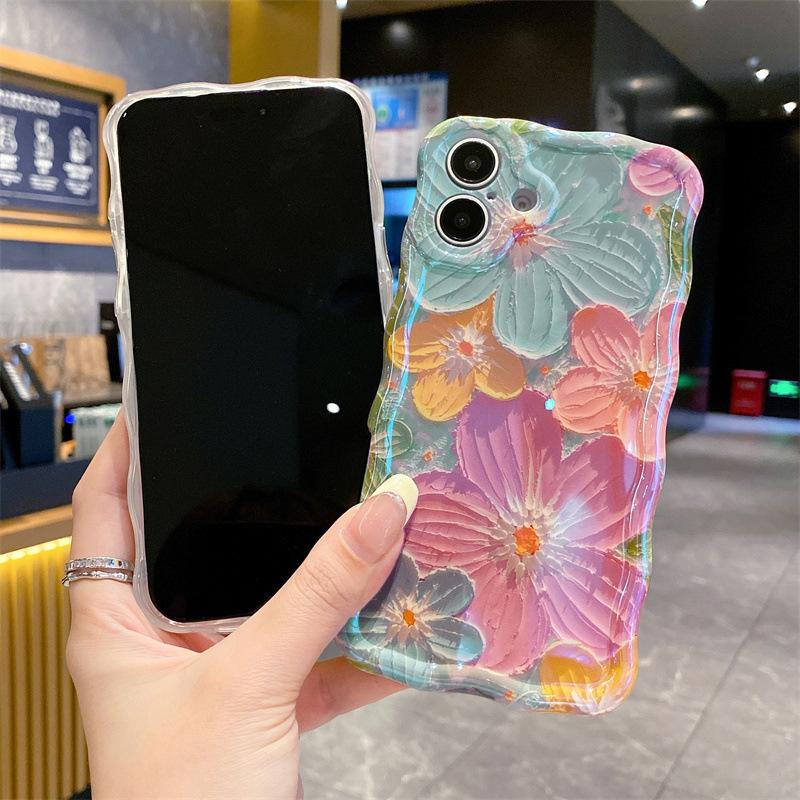 Oil Painting Flower Wavy Edge Phone Case - Laser Glitter Soft TPU Shockproof Cover for iPhone | Aesthetic Floral Case for Women Spring Daily Party Vacation Wear