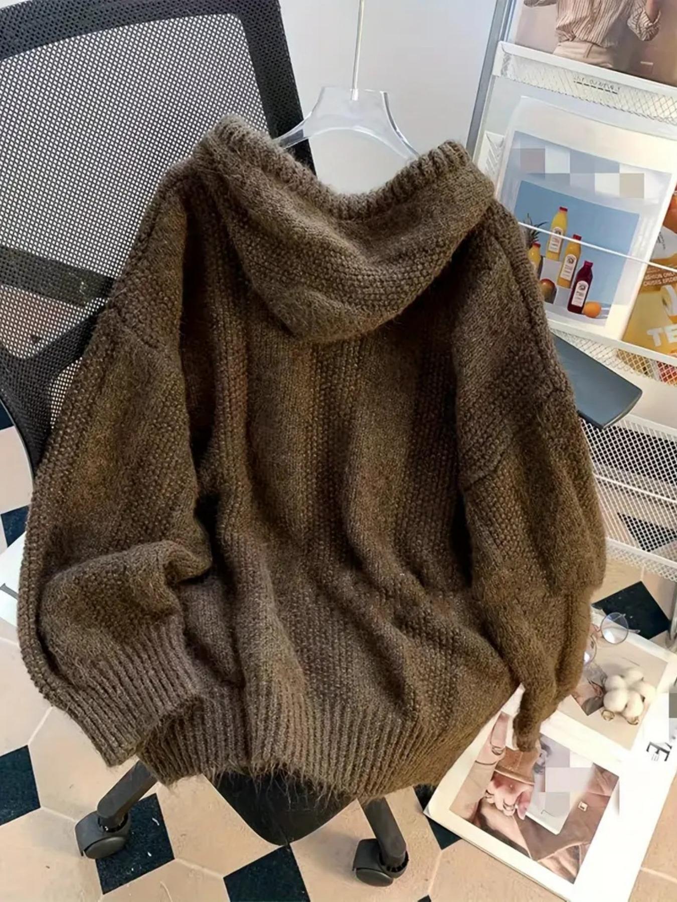 Women's Oversized Hooded Button Up Drawstring Adjustable Long Sleeve Pullover Sweater Autumn/Winter Casual Solid Color Warm Thick Chunky Cozy Soft Jumper Sweater Top, Women Fall Outfit, Winter Sweater for Women, Garment, Womenswear