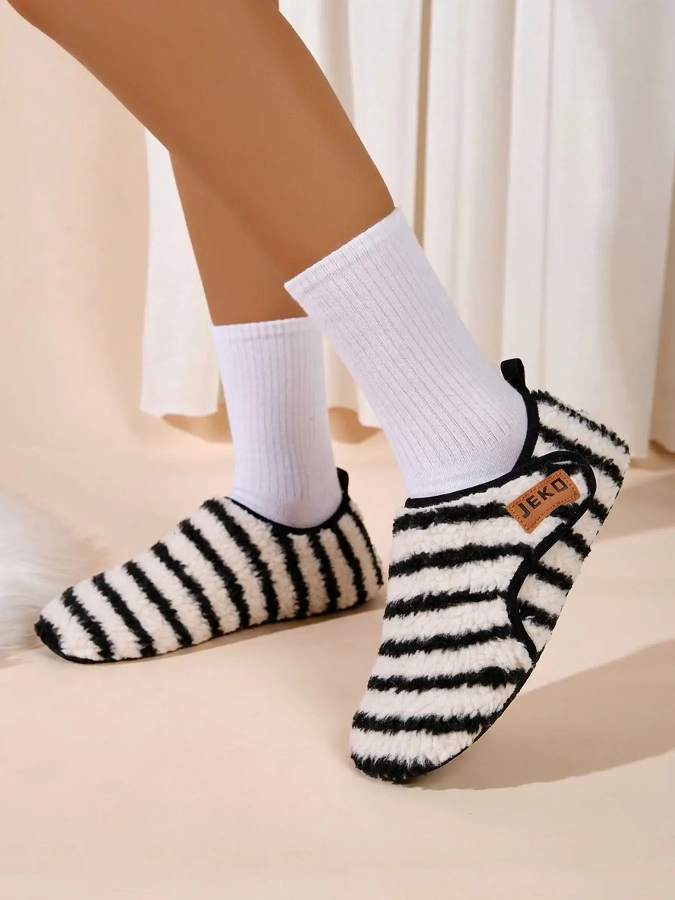 JEKO Striped Fuzzy House Slippers for Women & Men, Cozy Lightweight Slip-On Sock Shoes with Adjustable Hook-and-Loop Strap, Comfortable Thin Flexible Sole, Quiet Non-Slip Rubber Sole, Warm Indoor Slippers for Home, Bedroom, Yoga & Fitness