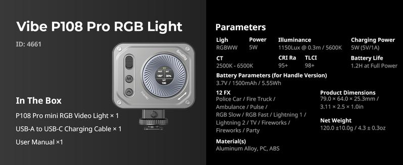 SmallRig Vibe P108 Pro RGB Video Light, Portable Led Camera Light for Photography, Cold Shoe Light, CRI95+, 2500-6500K, 12 Effects, Fill Light Accessories for Content Creator, Streaming 4661 Lighting Smartphone