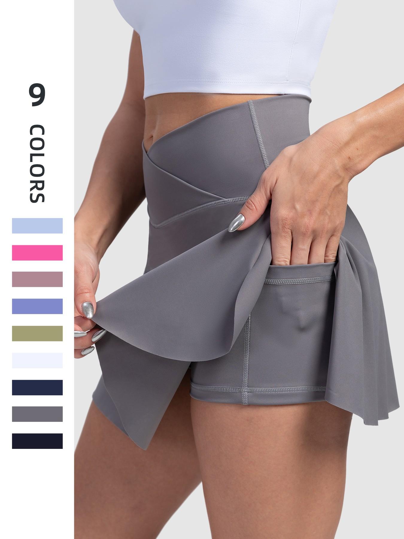 Women's High-Waisted Cross-Belt Sports Skirt, Waist Cinching with Pockets, Anti-Exposure Tennis Skirt, Breathable Yoga Shorts Skirt