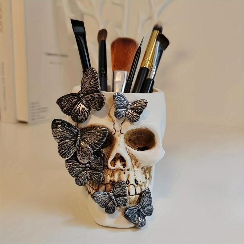 Halloween Butterfly Skull Pen Holder, Creative Resin Craft, Unique Desktop Decoration, Halloween Home Office Accessory, Perfect Gift, Pen Cup