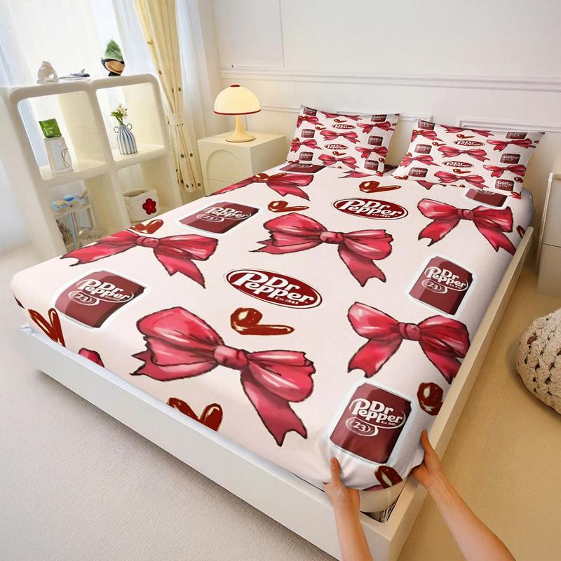 Dr Pepper Brand Full Print Fitted Sheet Set, 1 Fitted Sheet and 2 Pillowcases, Wine Red Color Base, Soft Skin-Friendly, Dustproof Anti-Wrinkle, Decorative Bedsheet Sets, Trendy Bedroom Decor for Boys and Girls
