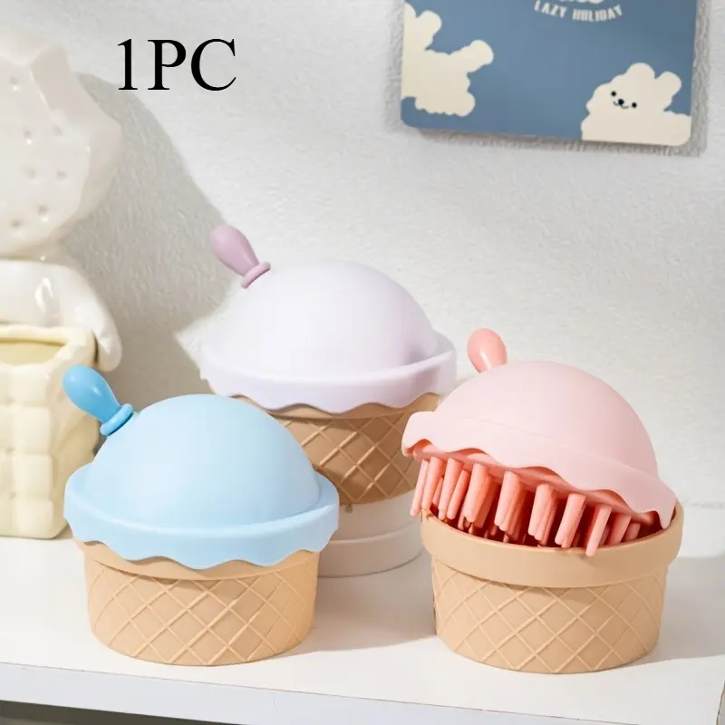 Ice cream-shaped scalp massage brush, suitable for use on both dry and wet hair. Features soft bristles that relieve itching and provide a massage while washing your hair.