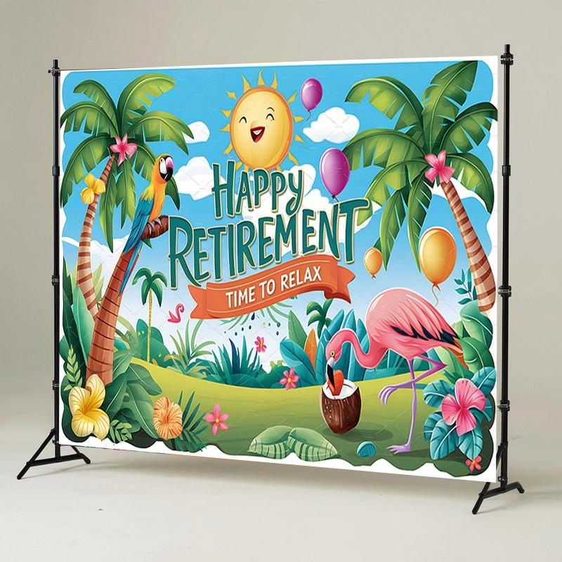 1pc Happy Retirement Party Banner - Vibrant Tropical Design with Palm Trees, Flamingos & Parrots - Durable Polyester Photo Backdrop for Indoor/Outdoor Celebrations - All-Season Home Wall Decor