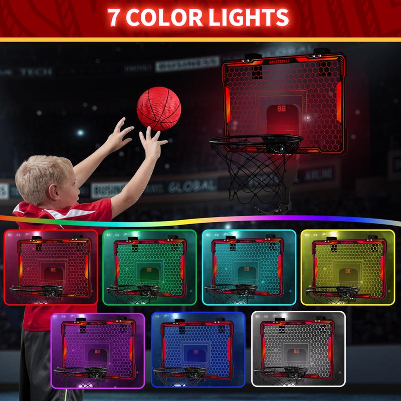 Mini Basketball Hoop Indoor with 7 LED Lighting, Scoreboard, 3 Modes, Volume Adjustable, Over Door Basketball Hoop Foldable, Basketball Toys for Kids Adults,Birthday Christmas Halloween Thanksgiving Gifts.