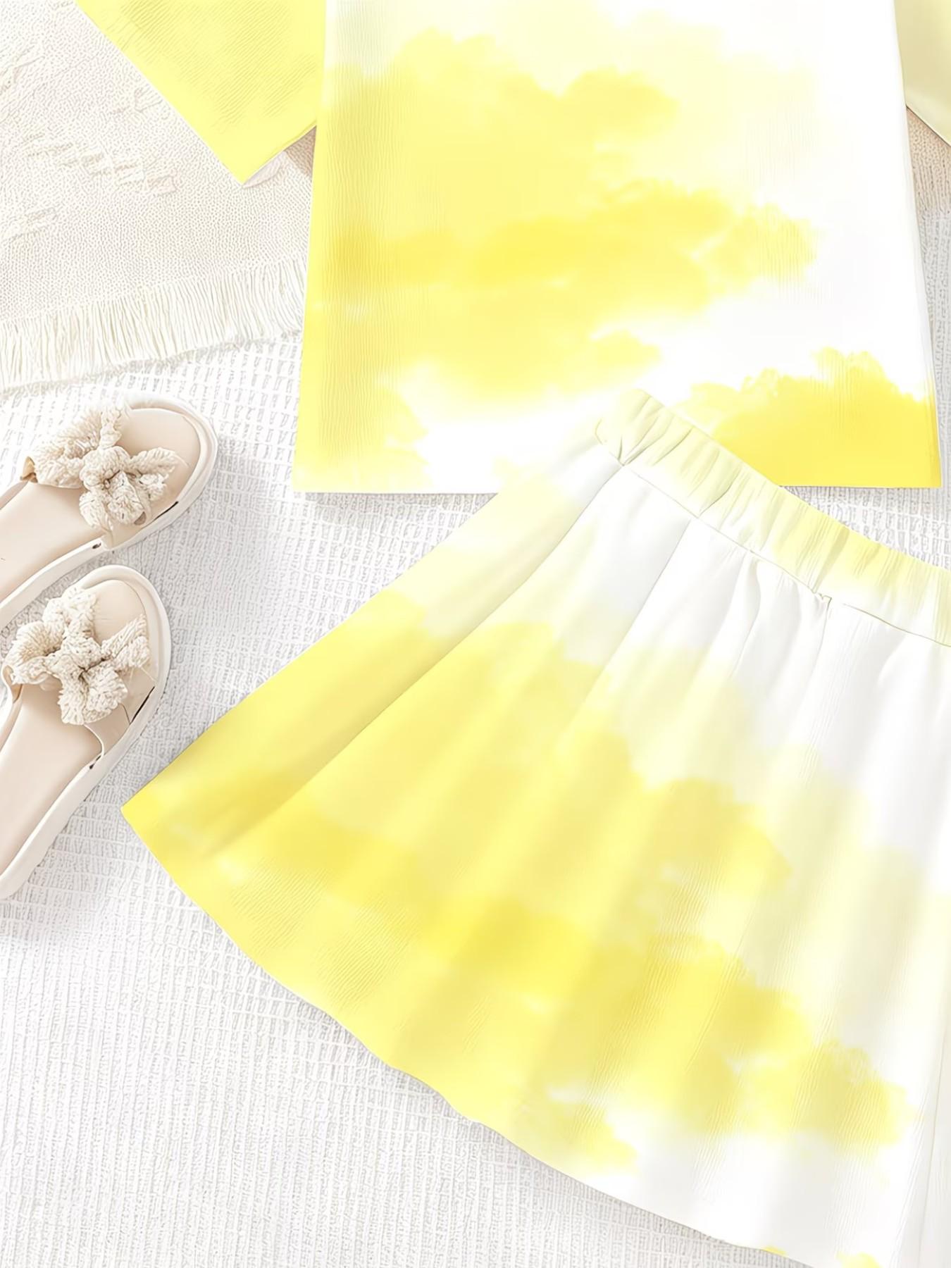 Girls' 3D Printed Sweet Pattern Top and Skirt Set, Summer Casual, Round Neck Short Sleeve, Two-Piece Ensemble